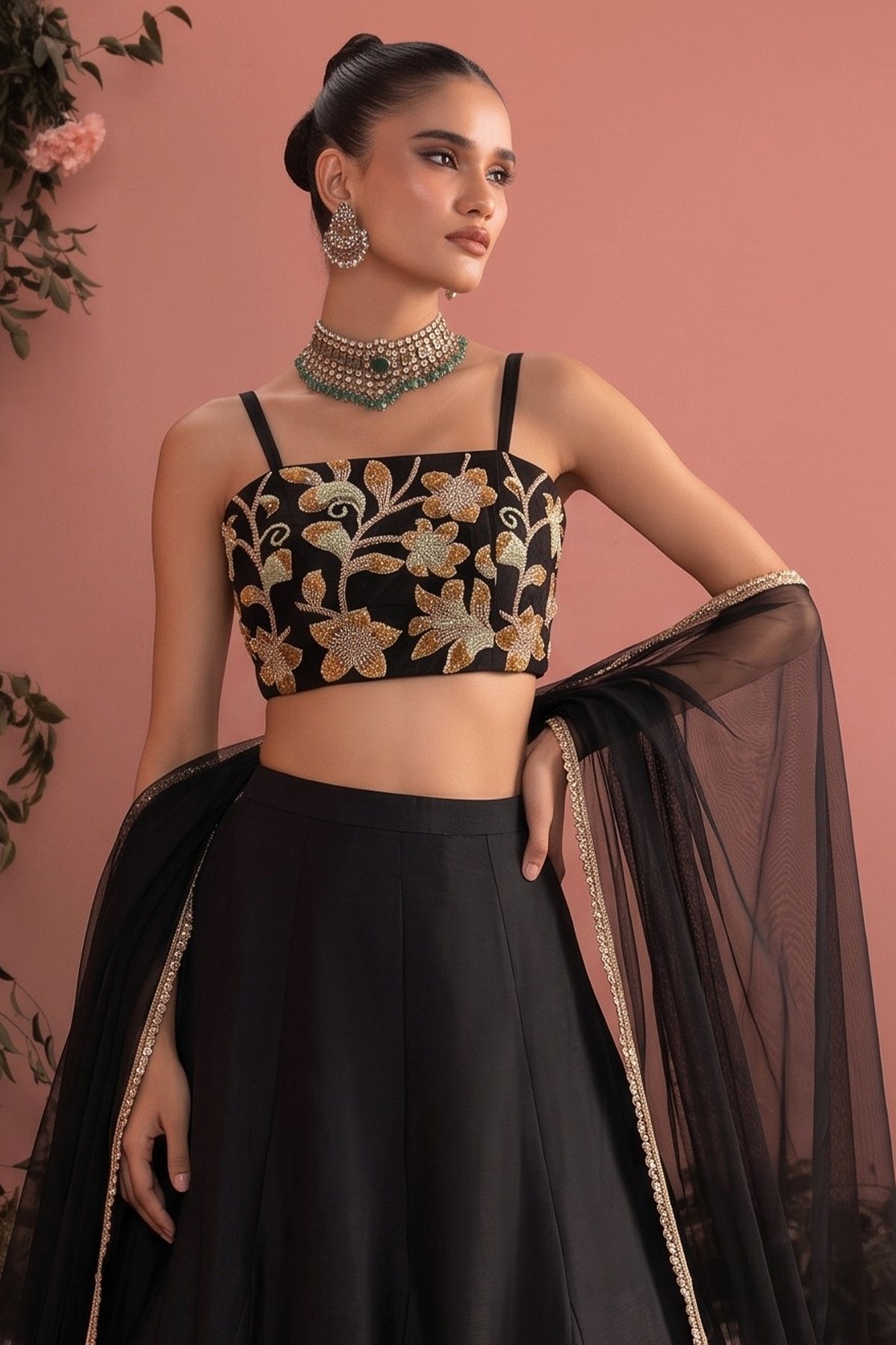Black Readymade Bead Work Silk Lehenga-SAR13222_6_SareeButa.com