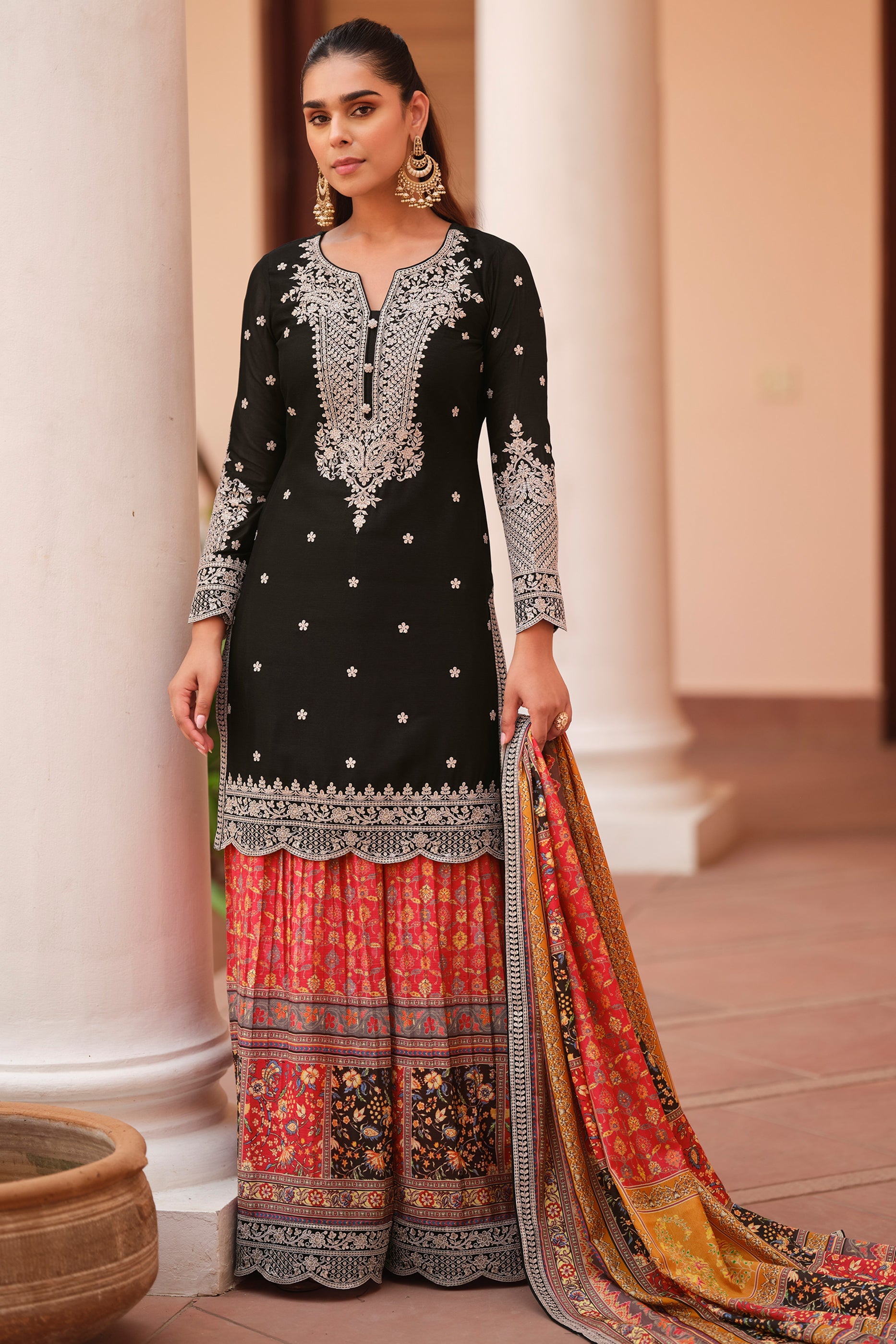 Black Readymade Chinon Silk Sharara Suit-SAR11971_1_SareeButa.com