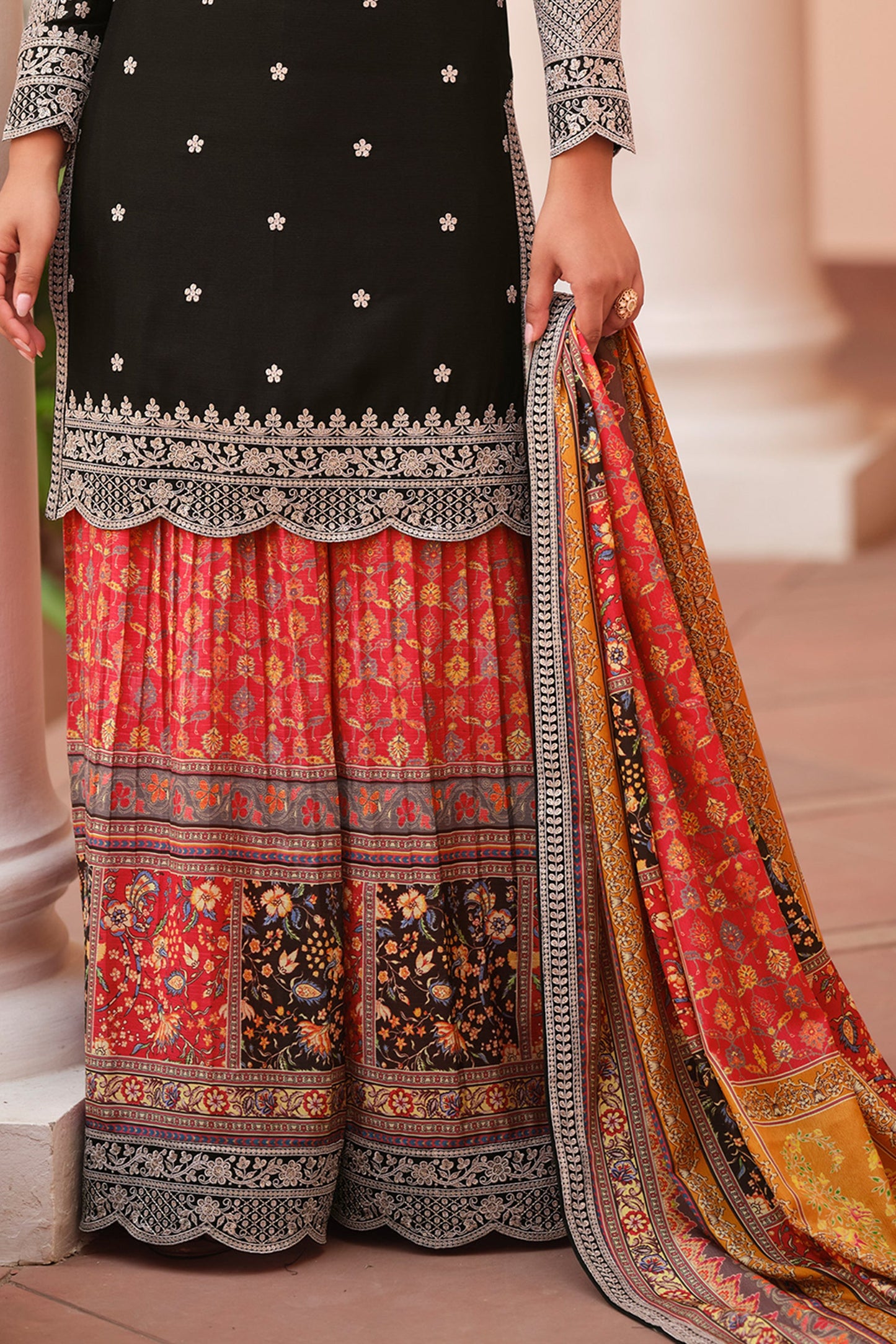 Black Readymade Chinon Silk Sharara Suit-SAR11971_3_SareeButa.com