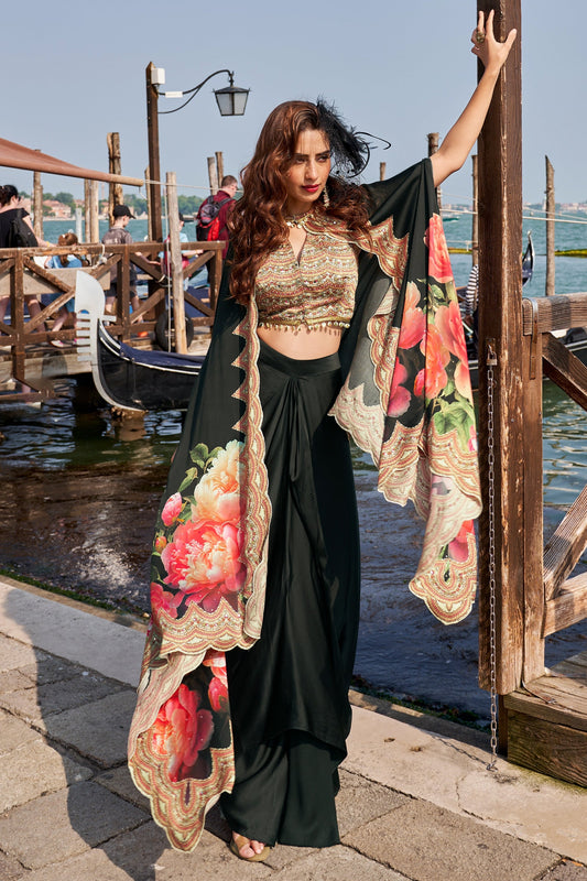 Black Readymade Crepe Skirt Set With Jacket-SAR11082_1_SareeButa.com