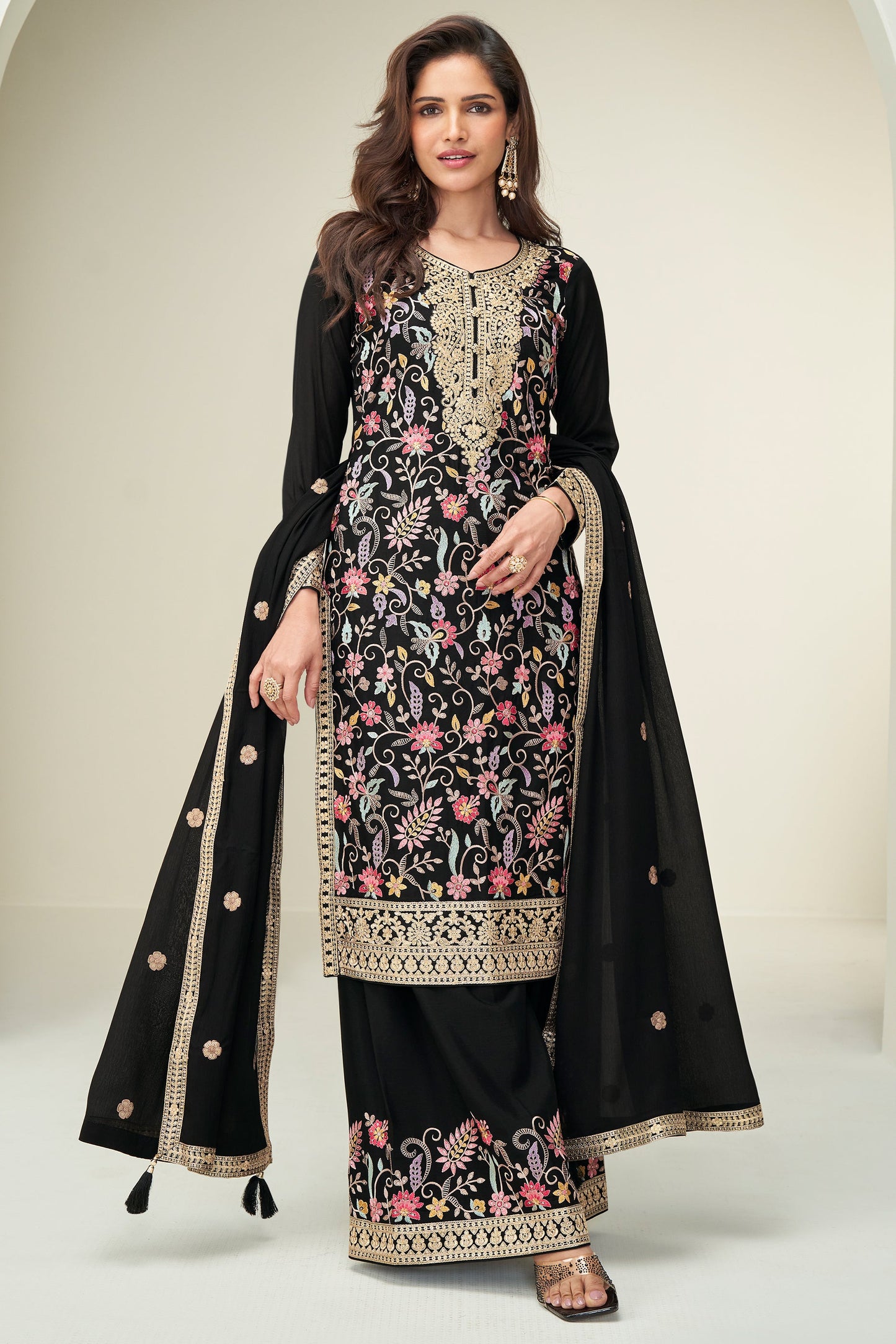 Black Readymade Embroidered Chinnon Silk Suit-SAR10676_1_SareeButa.com
