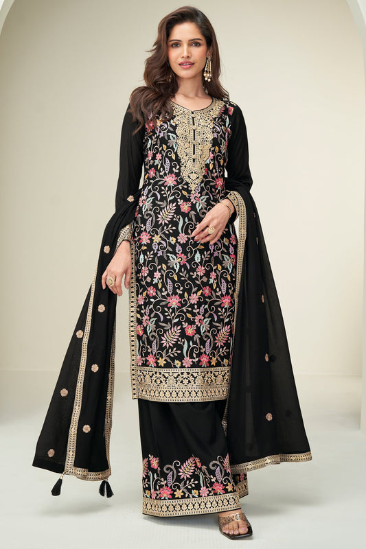 Black Readymade Embroidered Chinnon Silk Suit-SAR10676_1_SareeButa.com