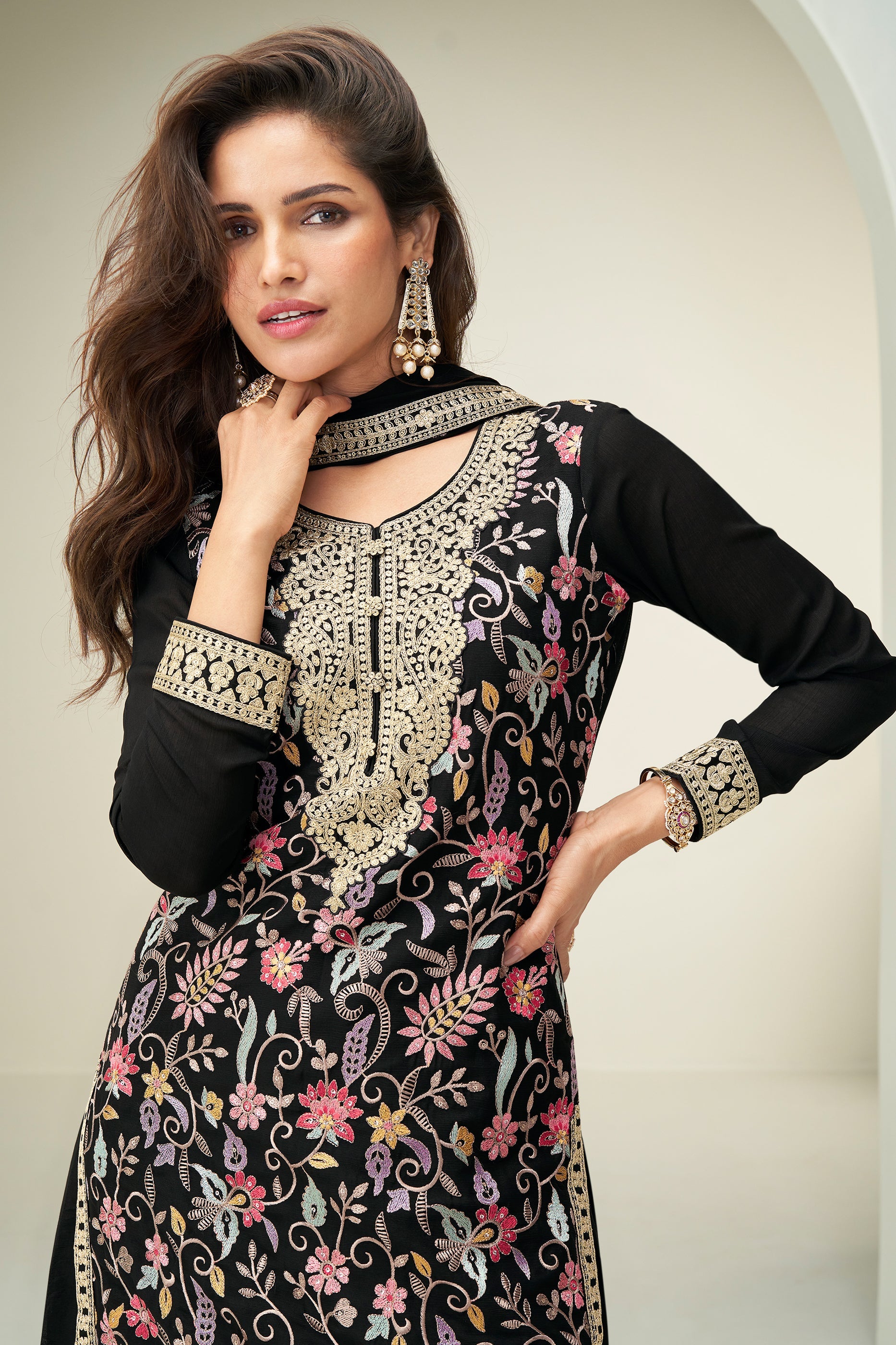 Black Readymade Embroidered Chinnon Silk Suit-SAR10676_3_SareeButa.com