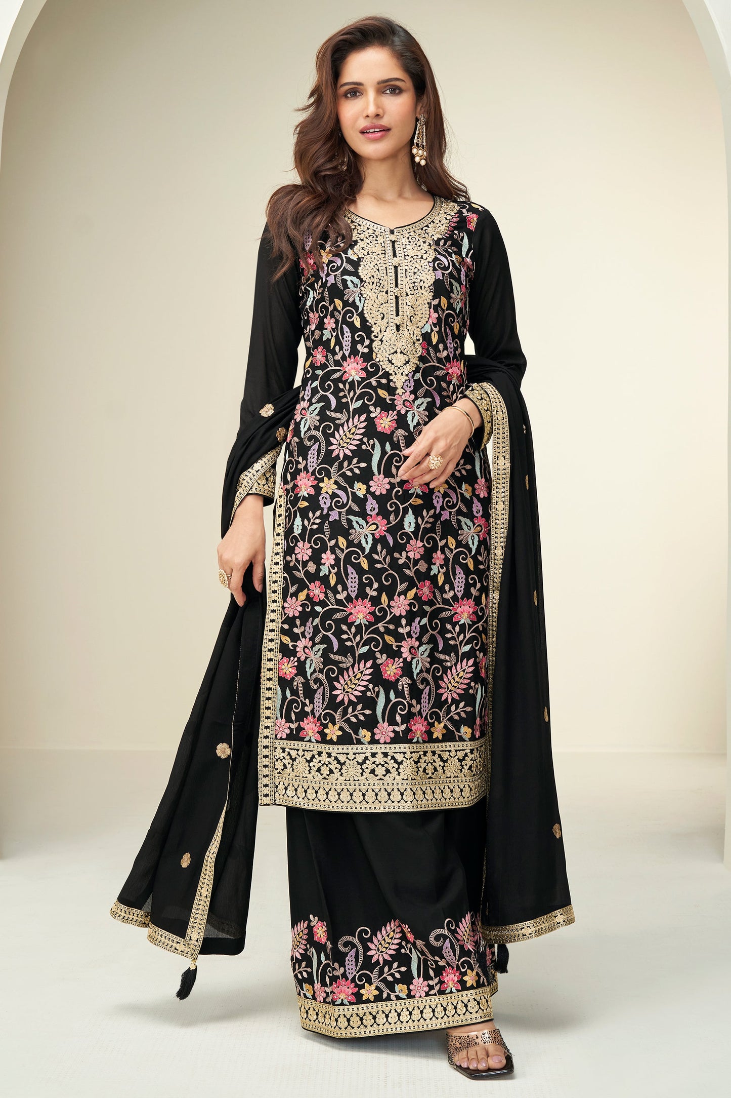 Black Readymade Embroidered Chinnon Silk Suit-SAR10676_4_SareeButa.com