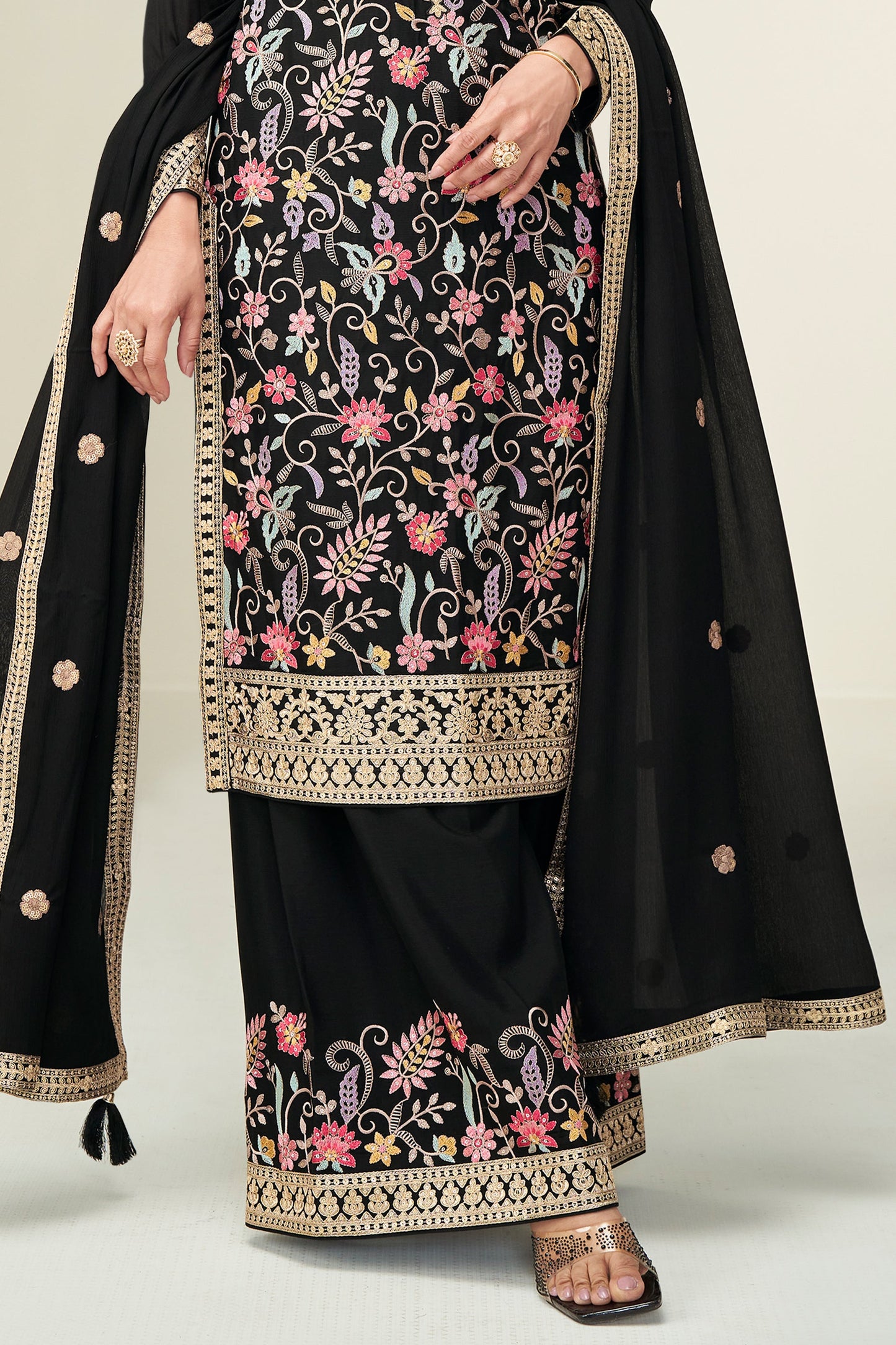 Black Readymade Embroidered Chinnon Silk Suit-SAR10676_5_SareeButa.com