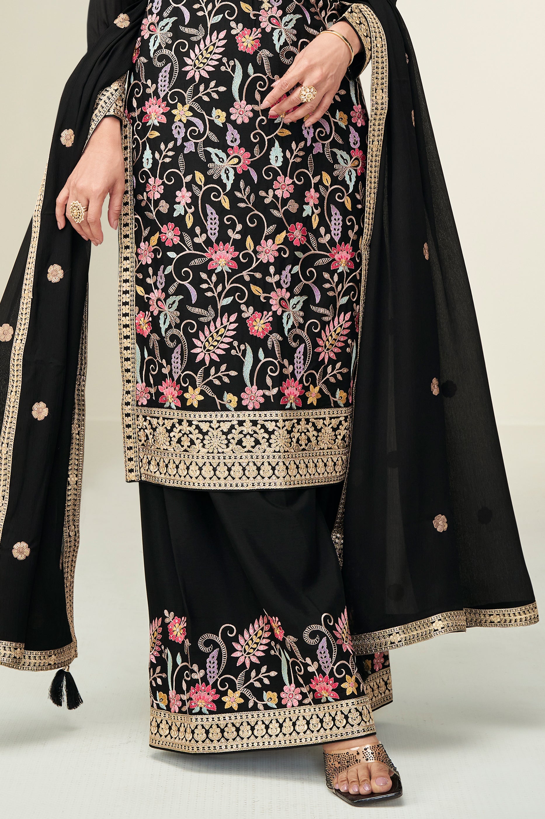 Black Readymade Embroidered Chinnon Silk Suit-SAR10676_5_SareeButa.com