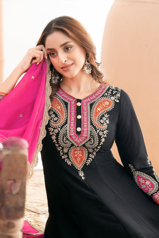 Black Readymade Embroidered Chinon A-line Suit-SAR11106_2_SareeButa.com