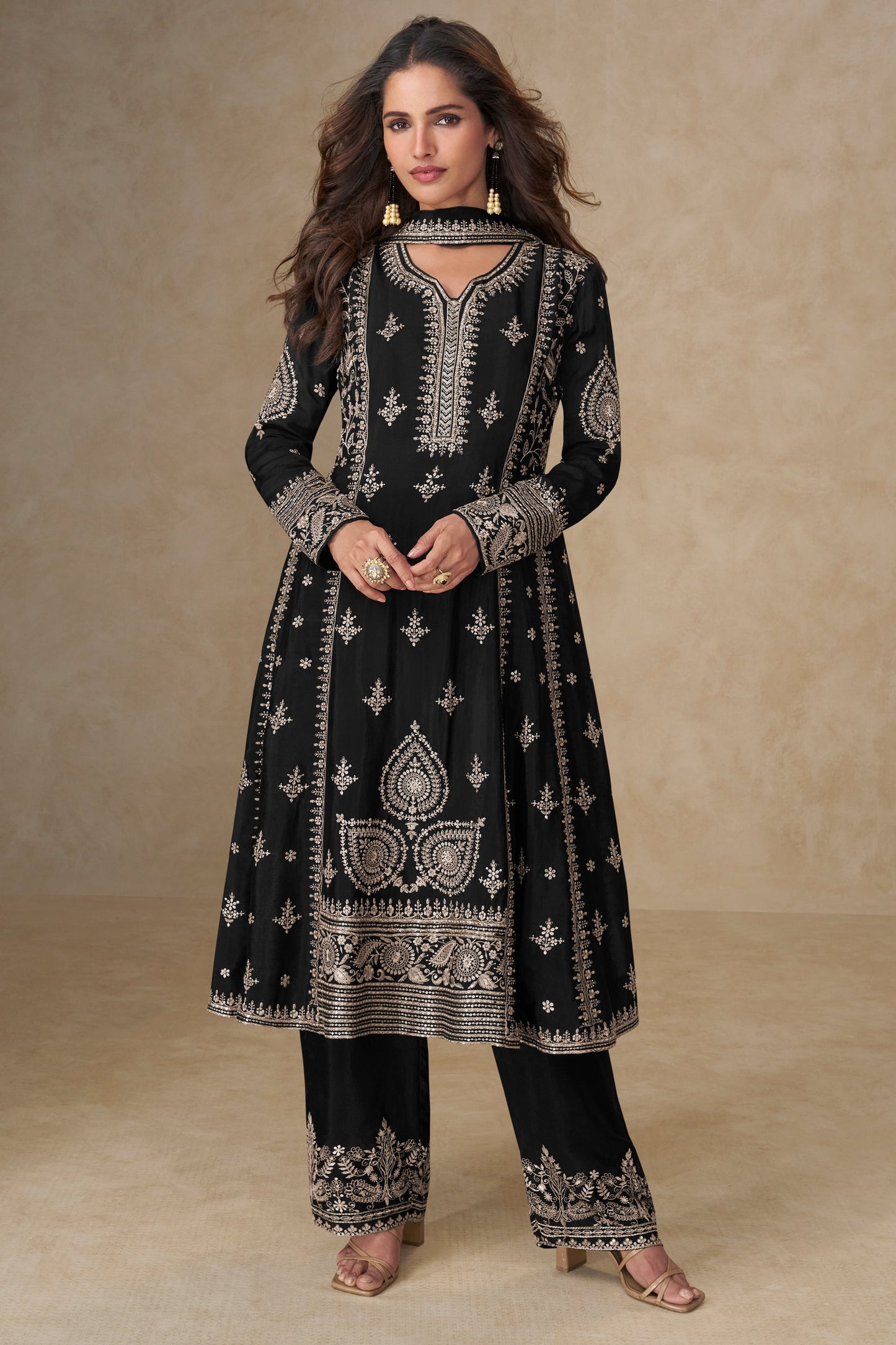 Black Readymade Embroidered Chinon A-line Suit-SS749_1_SareeButa.com