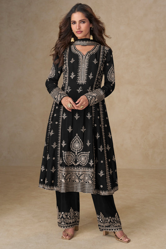 Black Readymade Embroidered Chinon A-line Suit-SS749_1_SareeButa.com