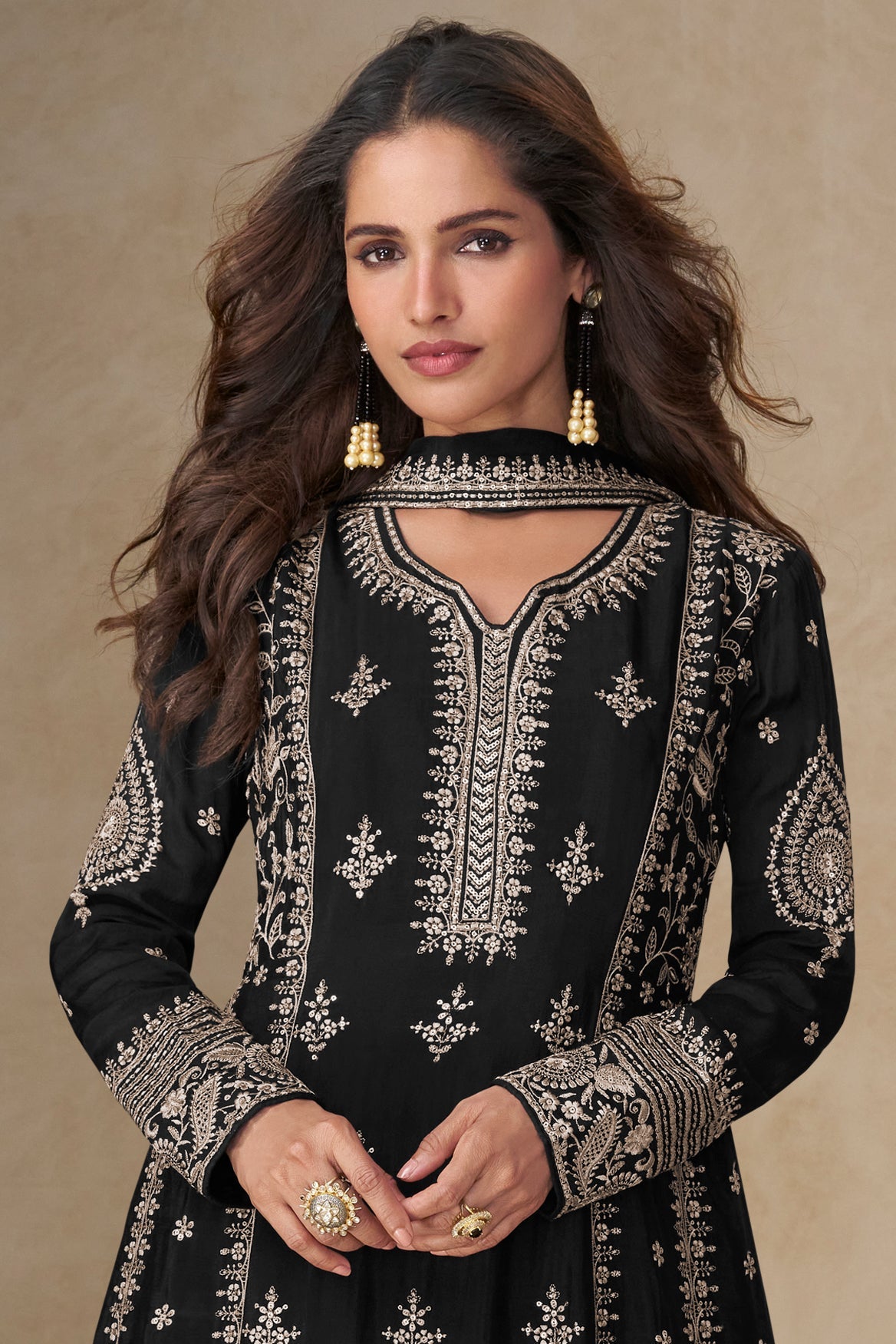 Black Readymade Embroidered Chinon A-line Suit-SS749_2_SareeButa.com