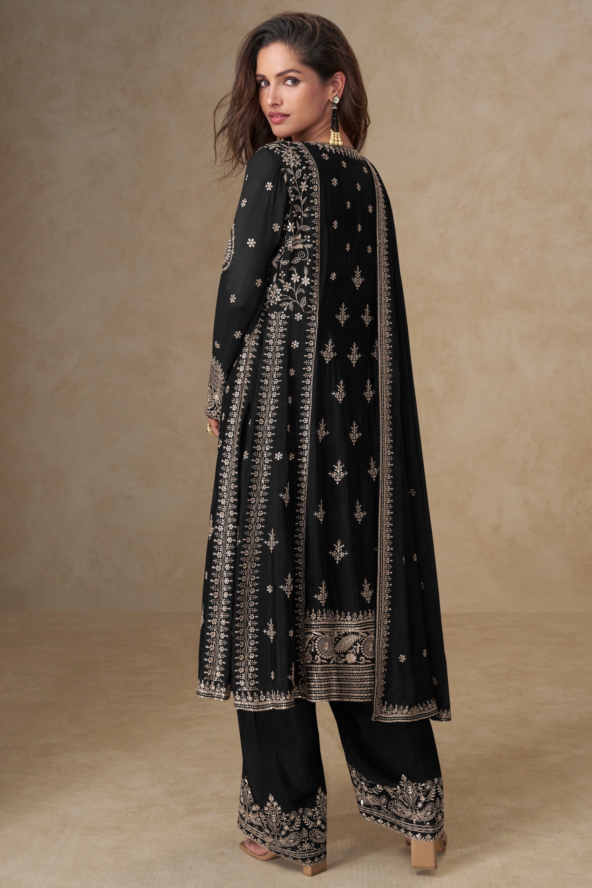 Black Readymade Embroidered Chinon A-line Suit-SS749_3_SareeButa.com