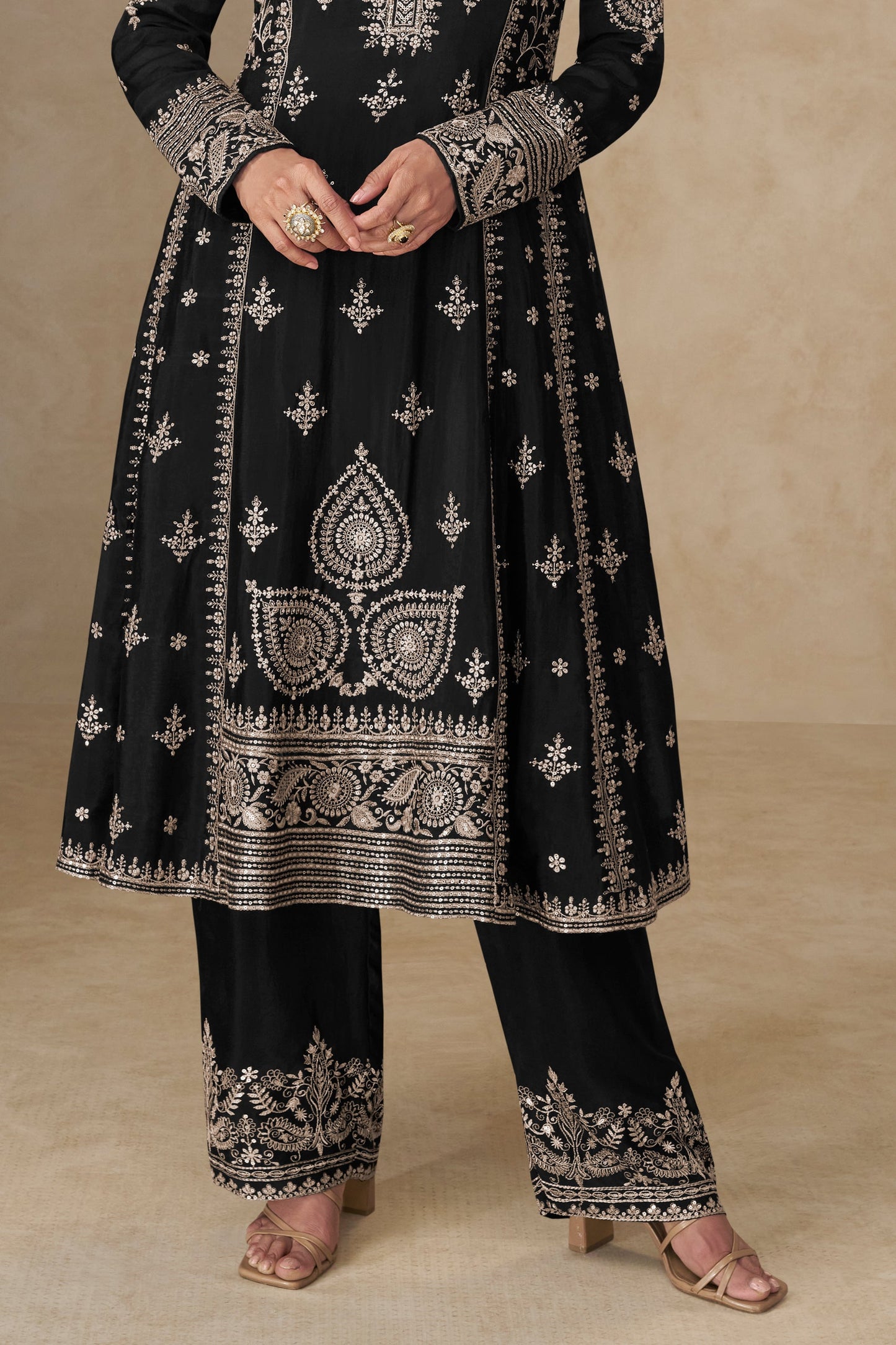 Black Readymade Embroidered Chinon A-line Suit-SS749_4_SareeButa.com