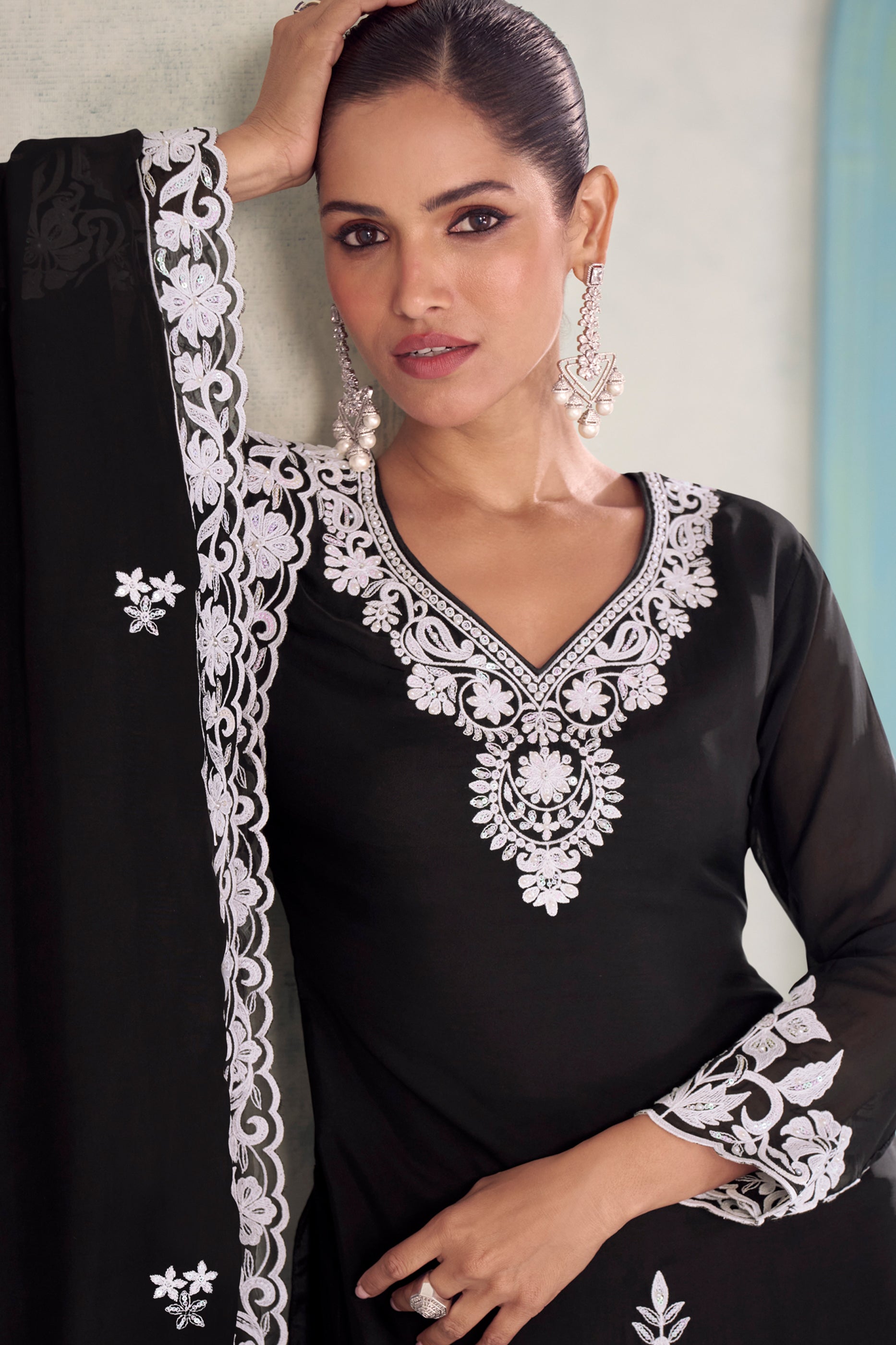 Black Readymade Embroidered Chinon Palazzo Suit-SAR11574_2_SareeButa.com