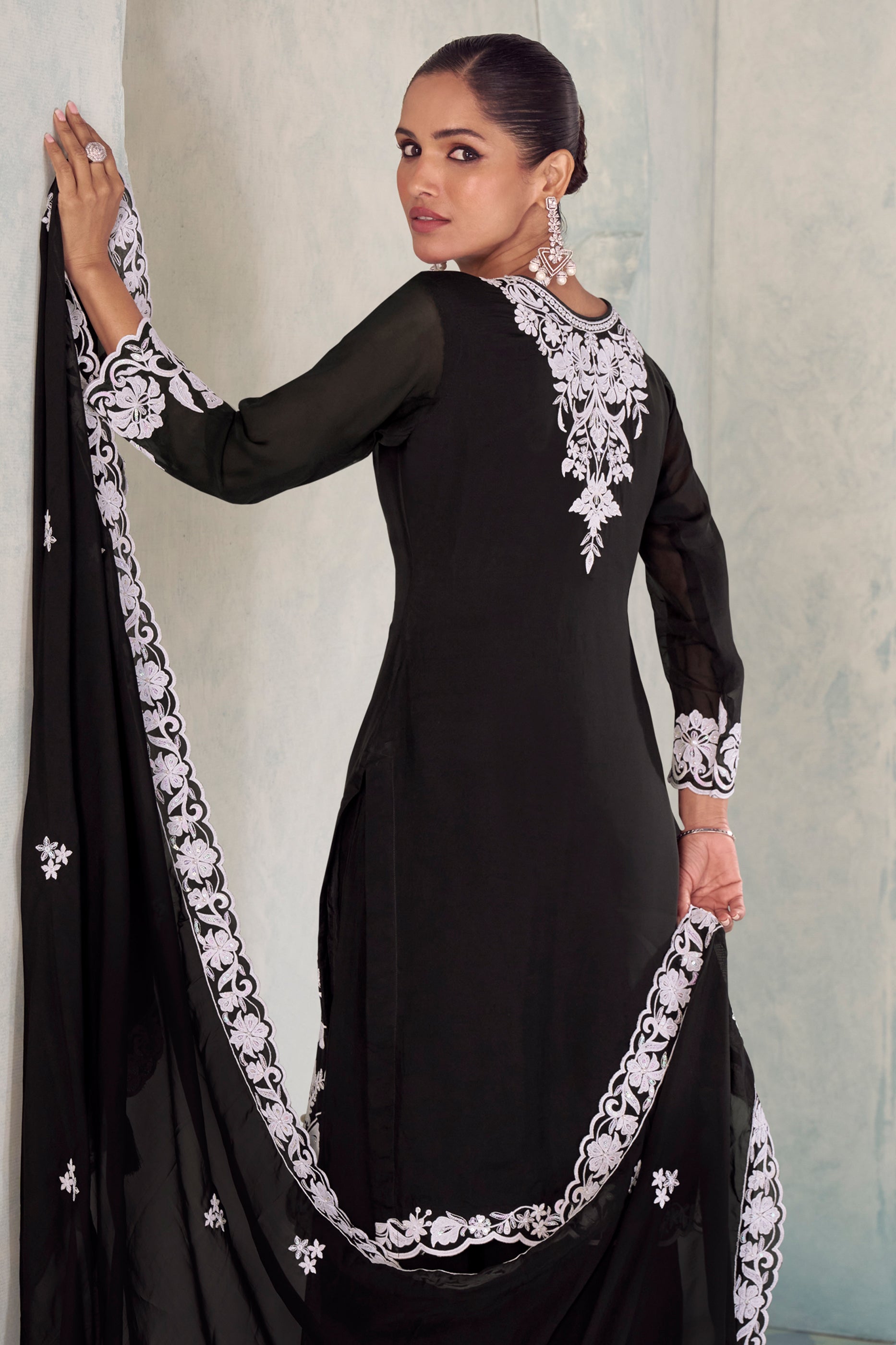 Black Readymade Embroidered Chinon Palazzo Suit-SAR11574_3_SareeButa.com