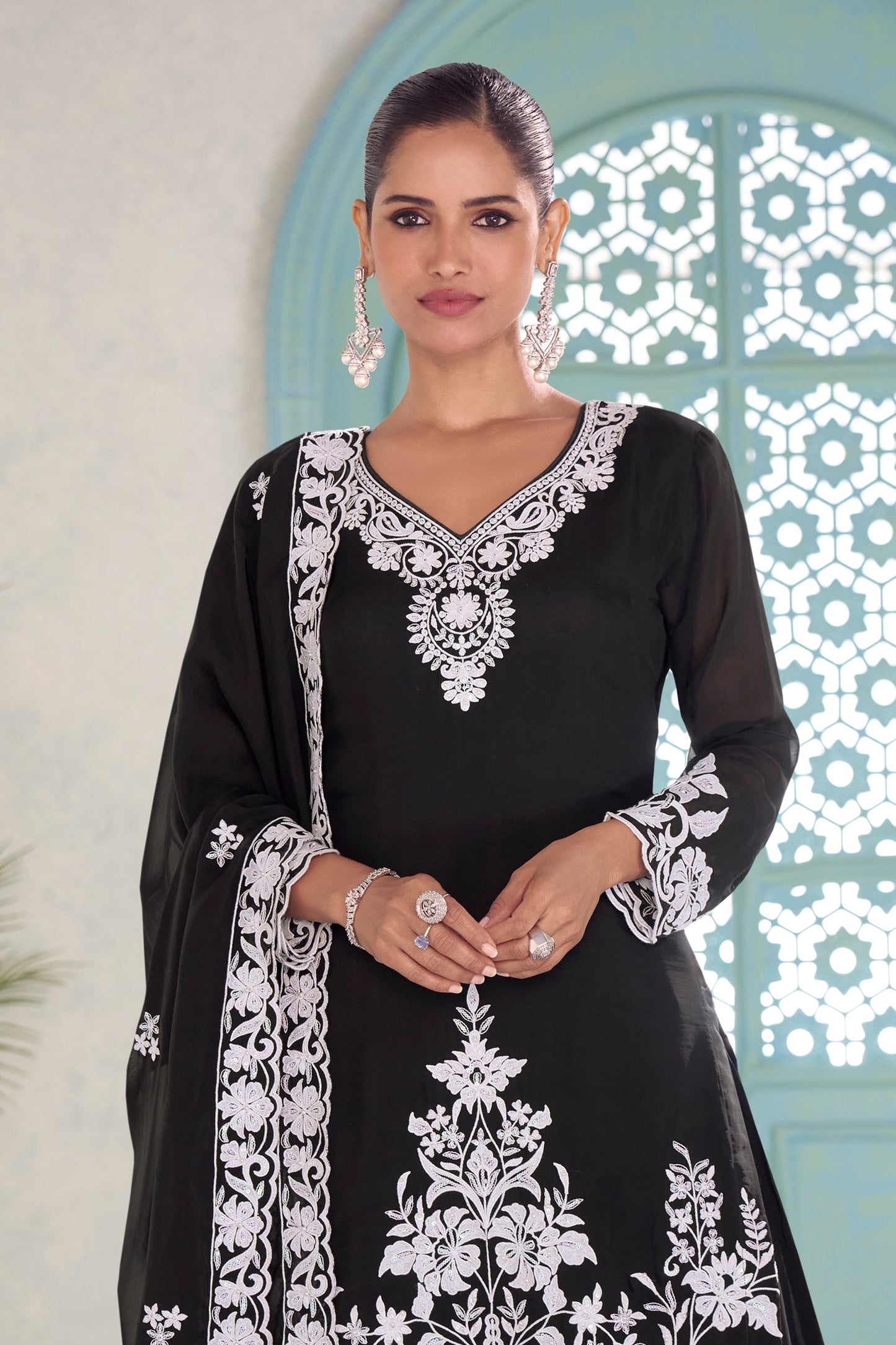 Black Readymade Embroidered Chinon Palazzo Suit-SAR11574_4_SareeButa.com
