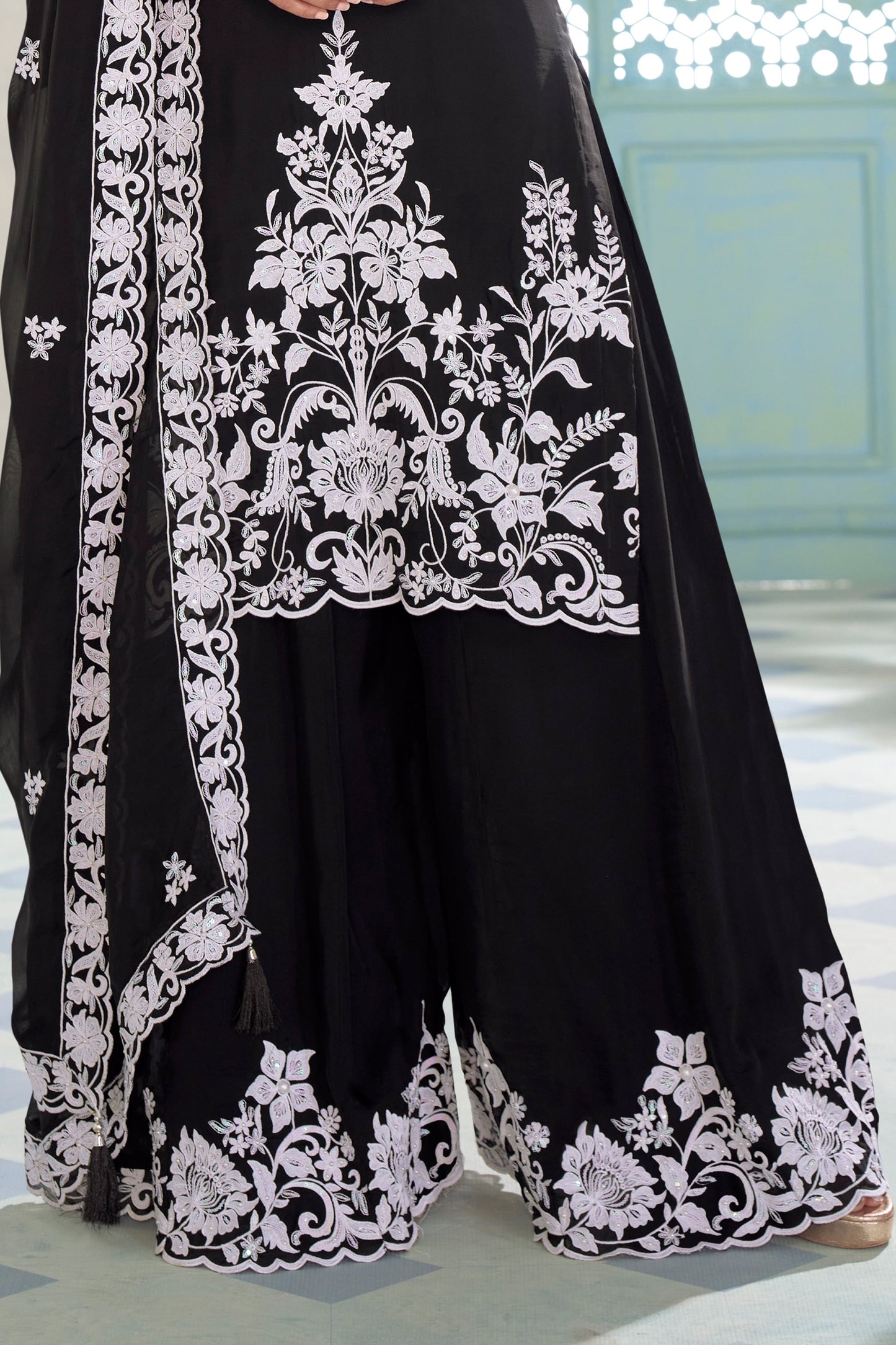 Black Readymade Embroidered Chinon Palazzo Suit-SAR11574_5_SareeButa.com