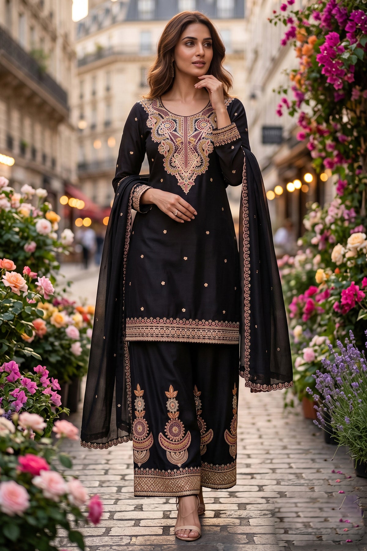 Black Readymade Embroidered Chinon Palazzo Suit-SAR13354_1_SareeButa.com