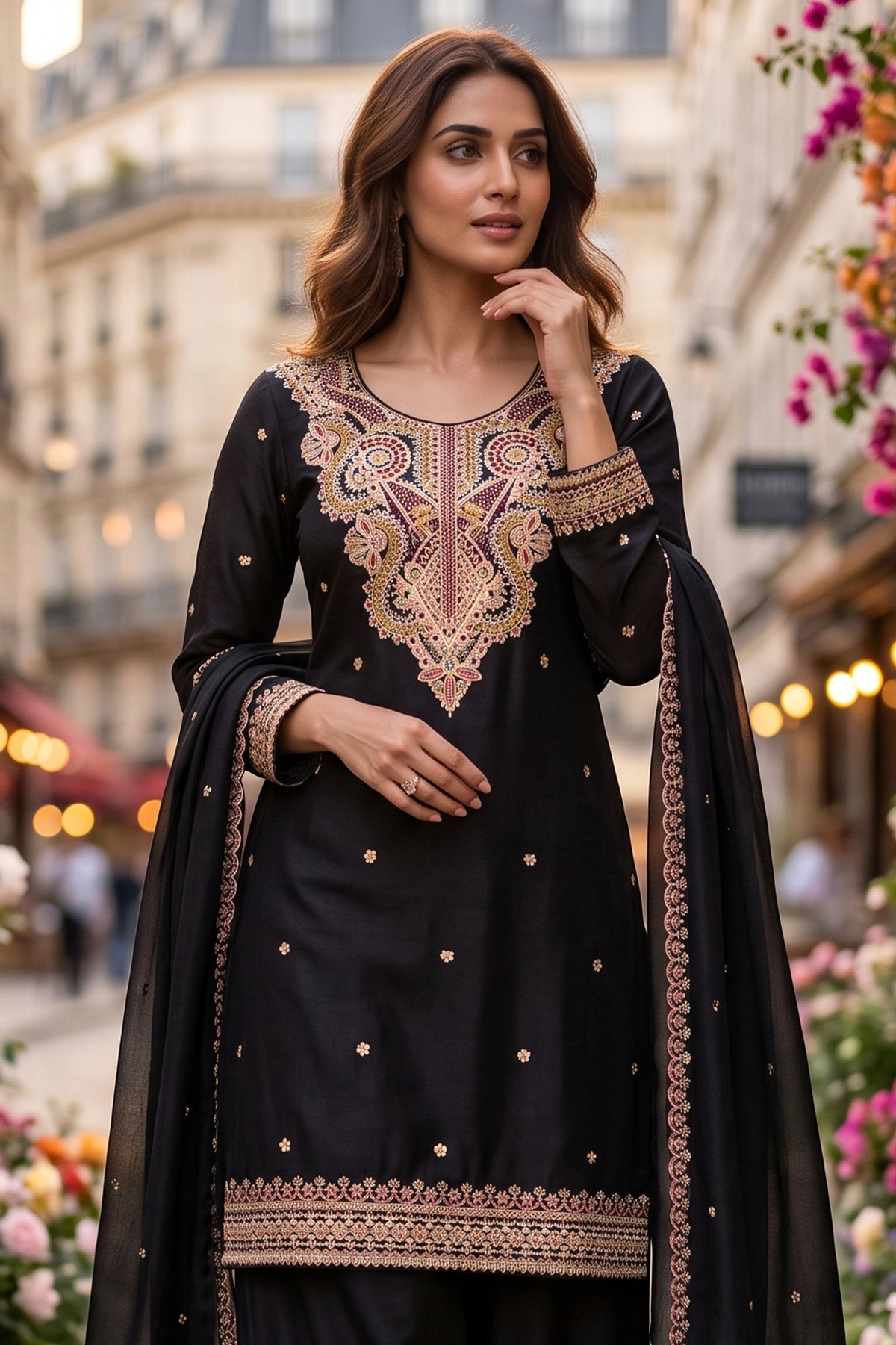 Black Readymade Embroidered Chinon Palazzo Suit-SAR13354_2_SareeButa.com