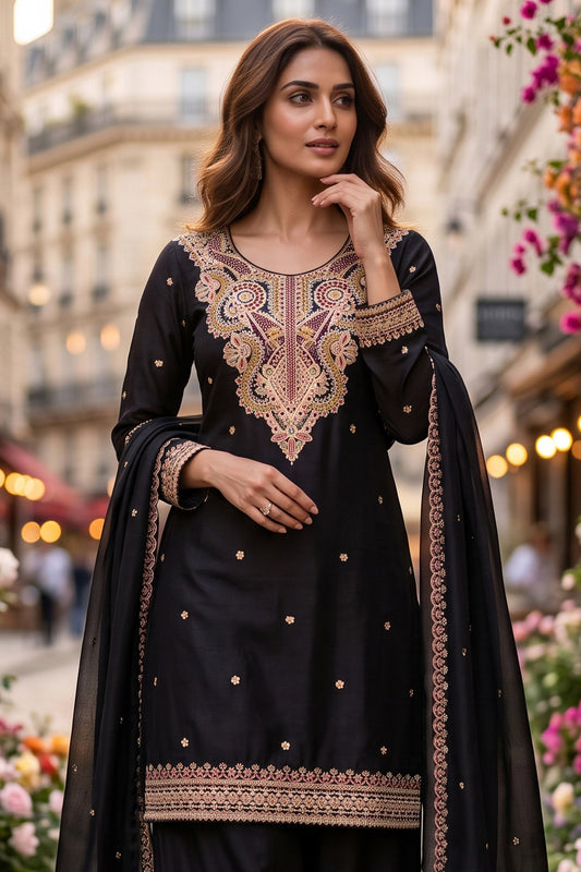 Black Readymade Embroidered Chinon Palazzo Suit-SAR13354_2_SareeButa.com