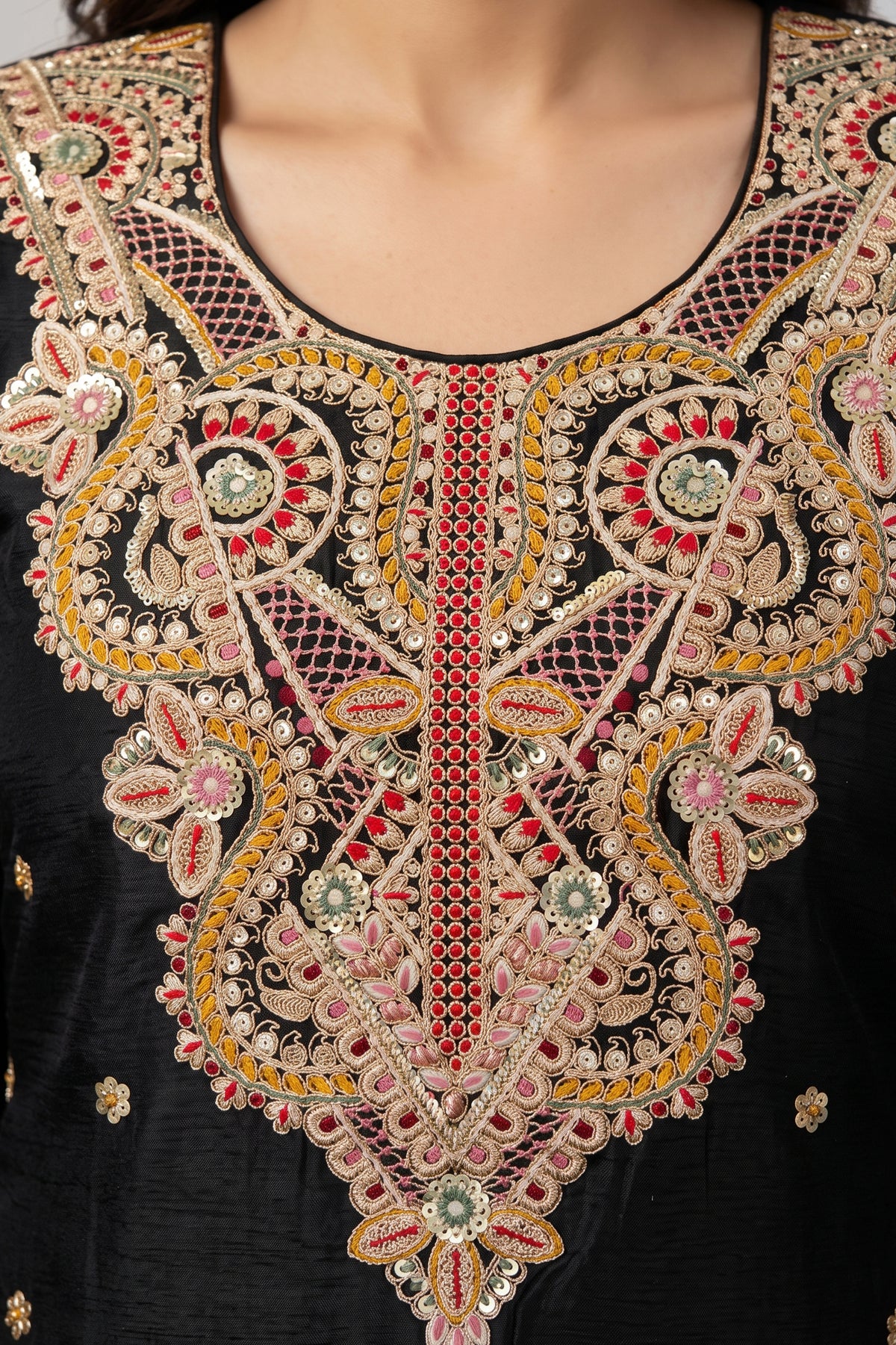 Black Readymade Embroidered Chinon Palazzo Suit-SAR13354_3_SareeButa.com