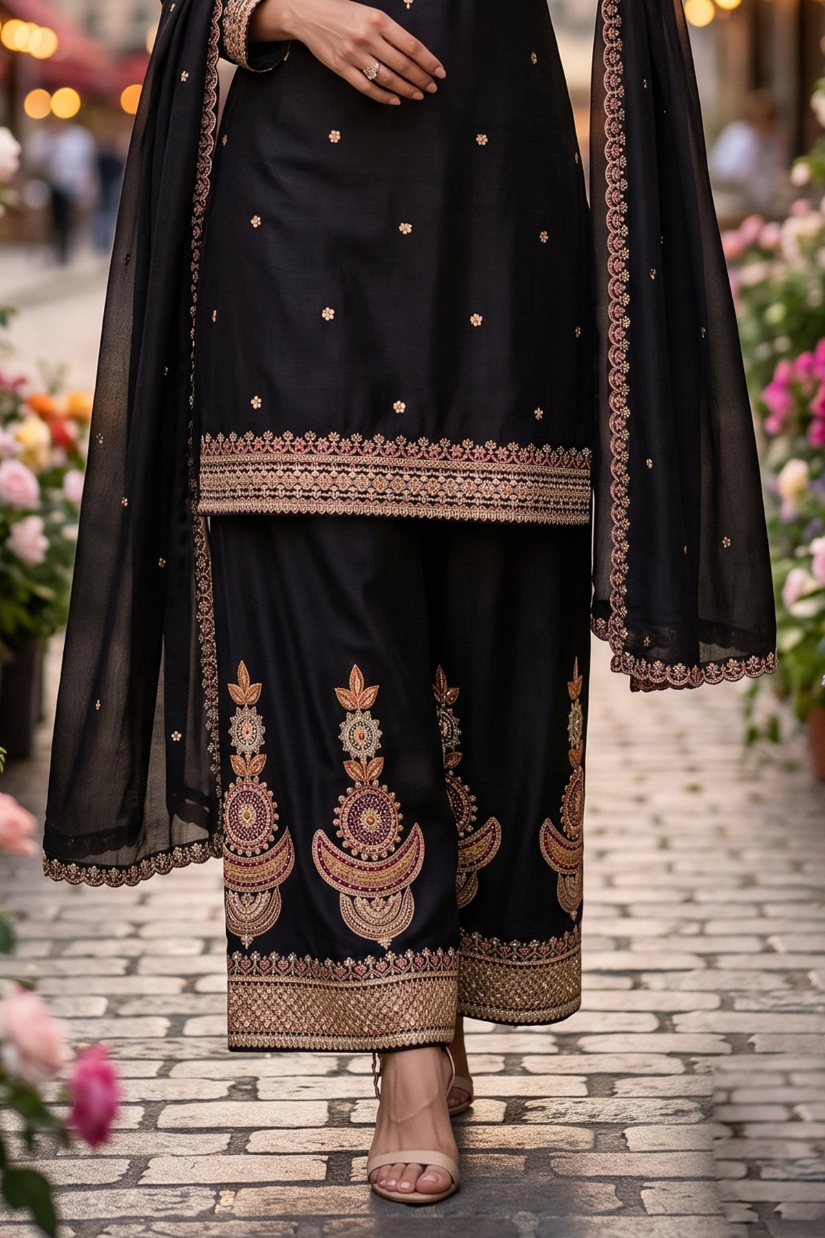 Black Readymade Embroidered Chinon Palazzo Suit-SAR13354_7_SareeButa.com