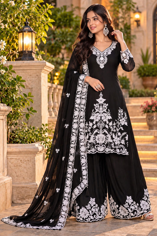 Black Readymade Embroidered Chinon Palazzo Suit-SAR13558_1_SareeButa.com