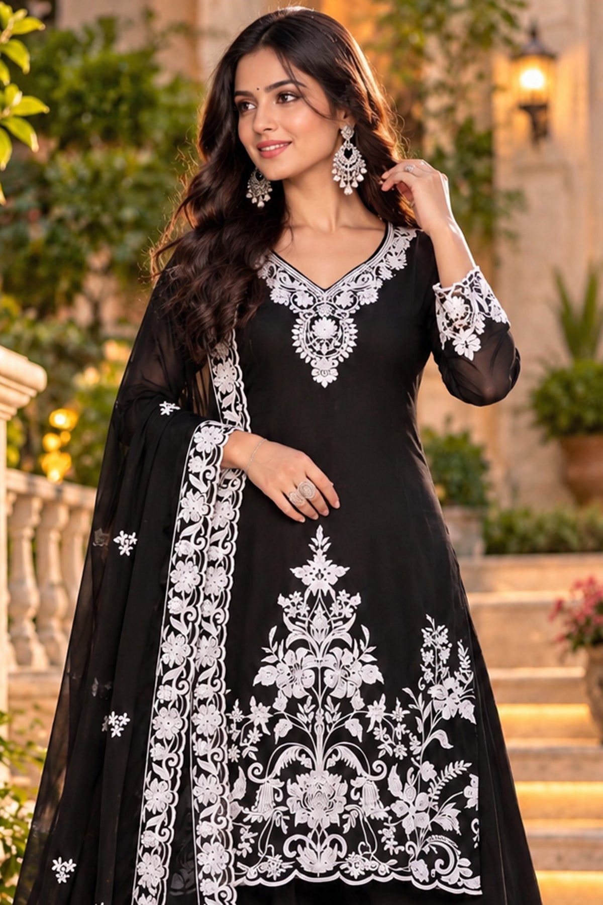 Black Readymade Embroidered Chinon Palazzo Suit-SAR13558_2_SareeButa.com
