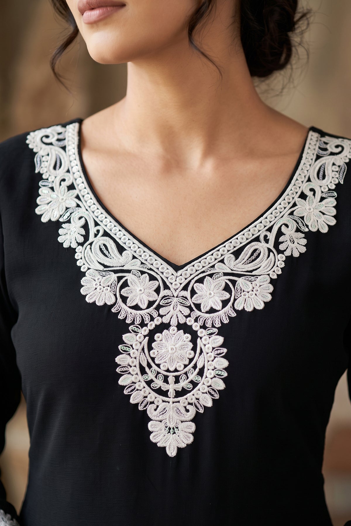 Black Readymade Embroidered Chinon Palazzo Suit-SAR13558_3_SareeButa.com