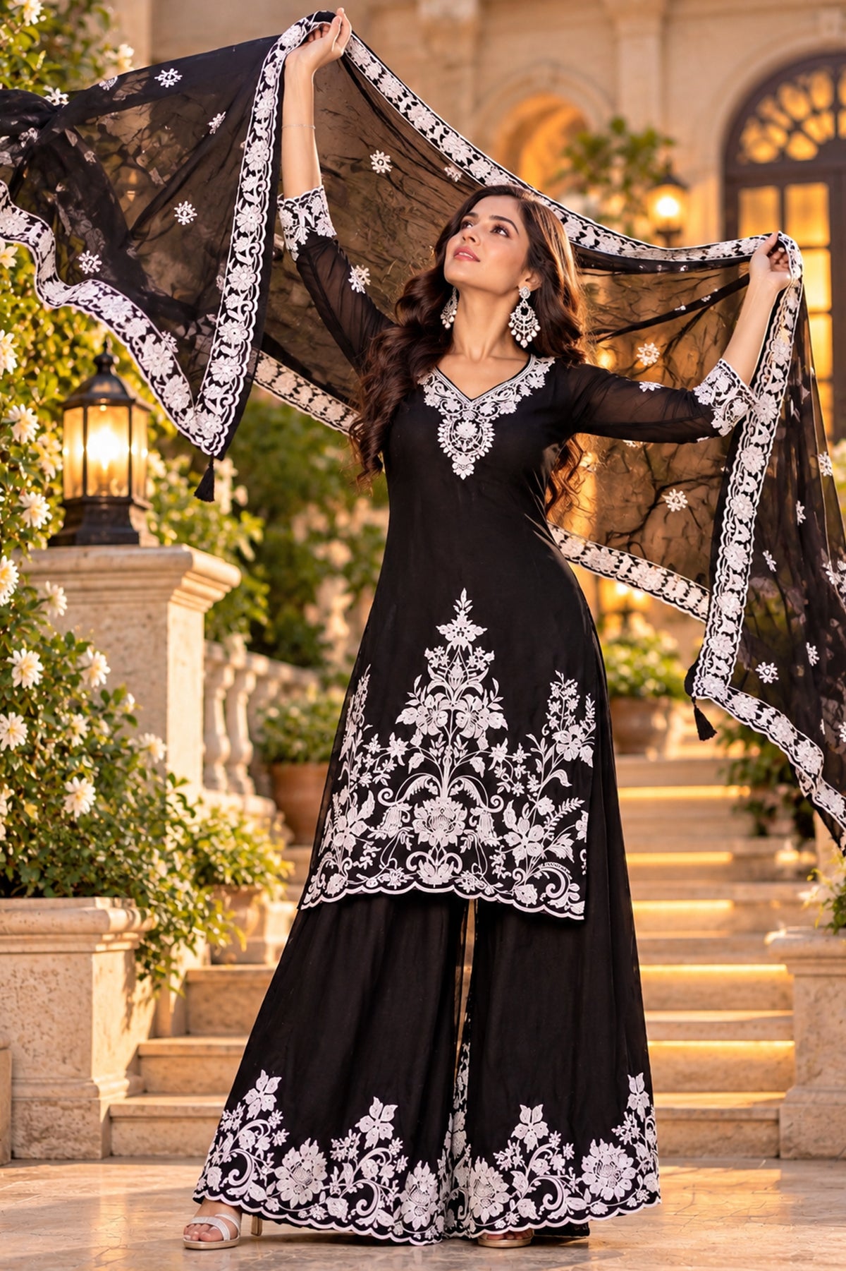 Black Readymade Embroidered Chinon Palazzo Suit-SAR13558_5_SareeButa.com