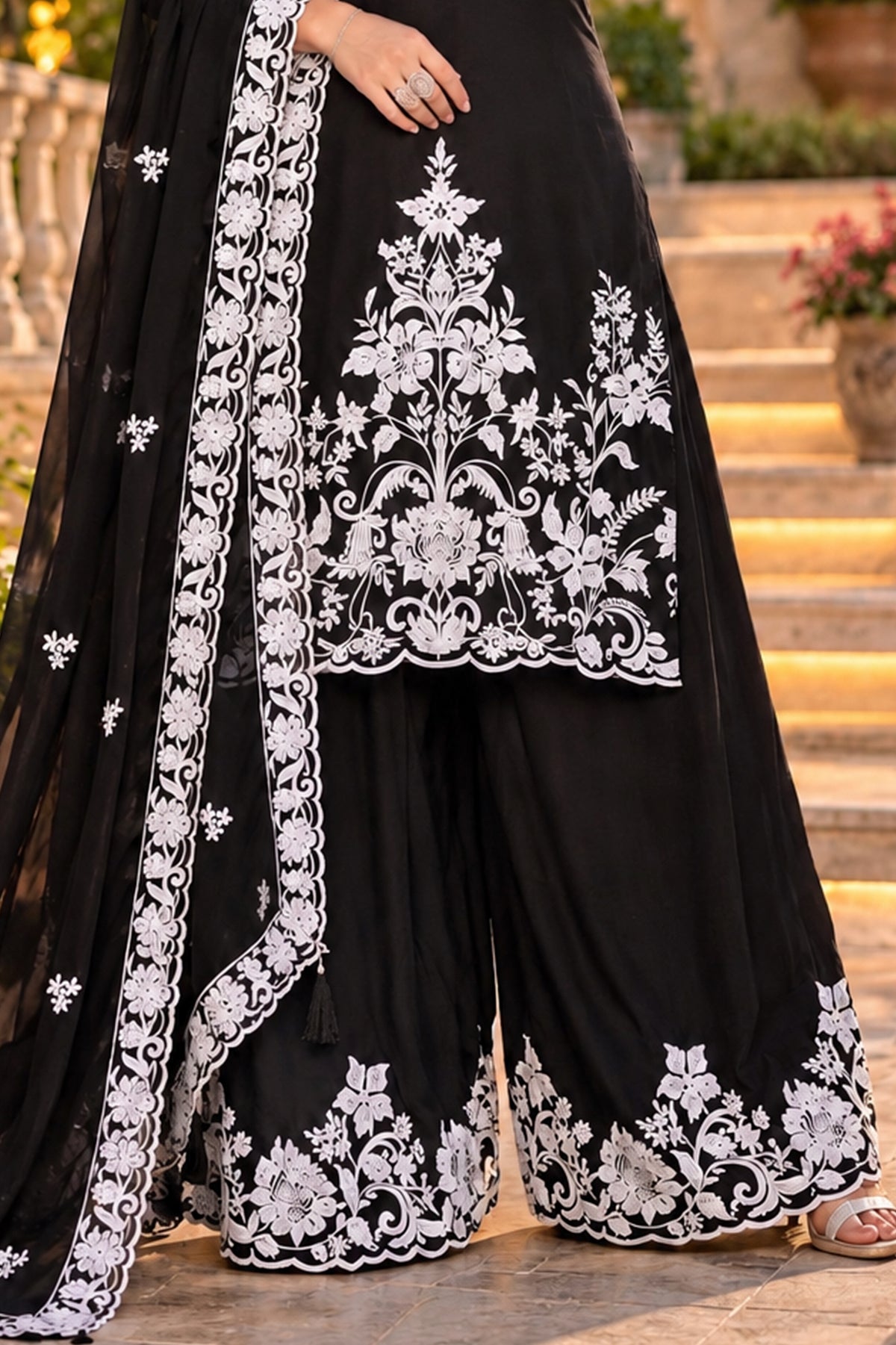 Black Readymade Embroidered Chinon Palazzo Suit-SAR13558_6_SareeButa.com