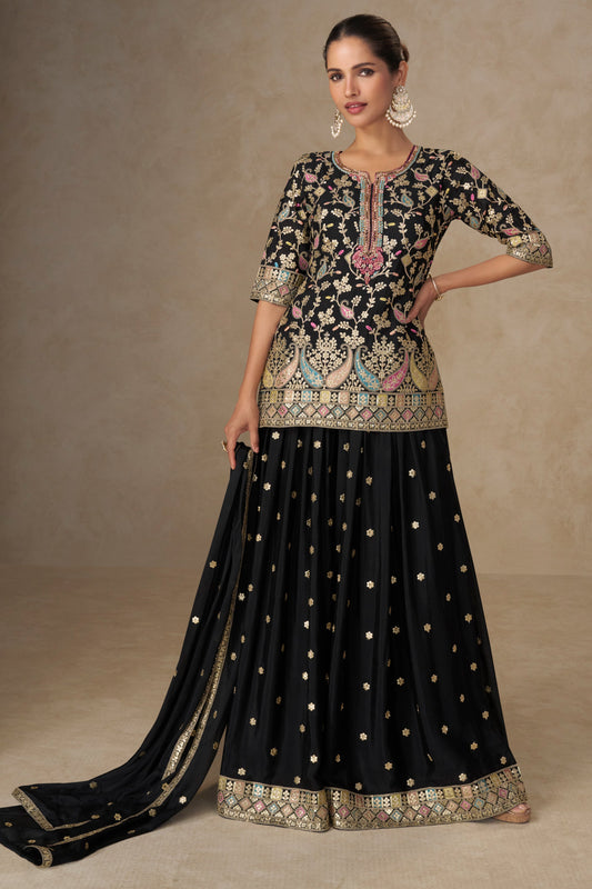 Black Readymade Embroidered Chinon Palazzo Suit-SS792_1_SareeButa.com