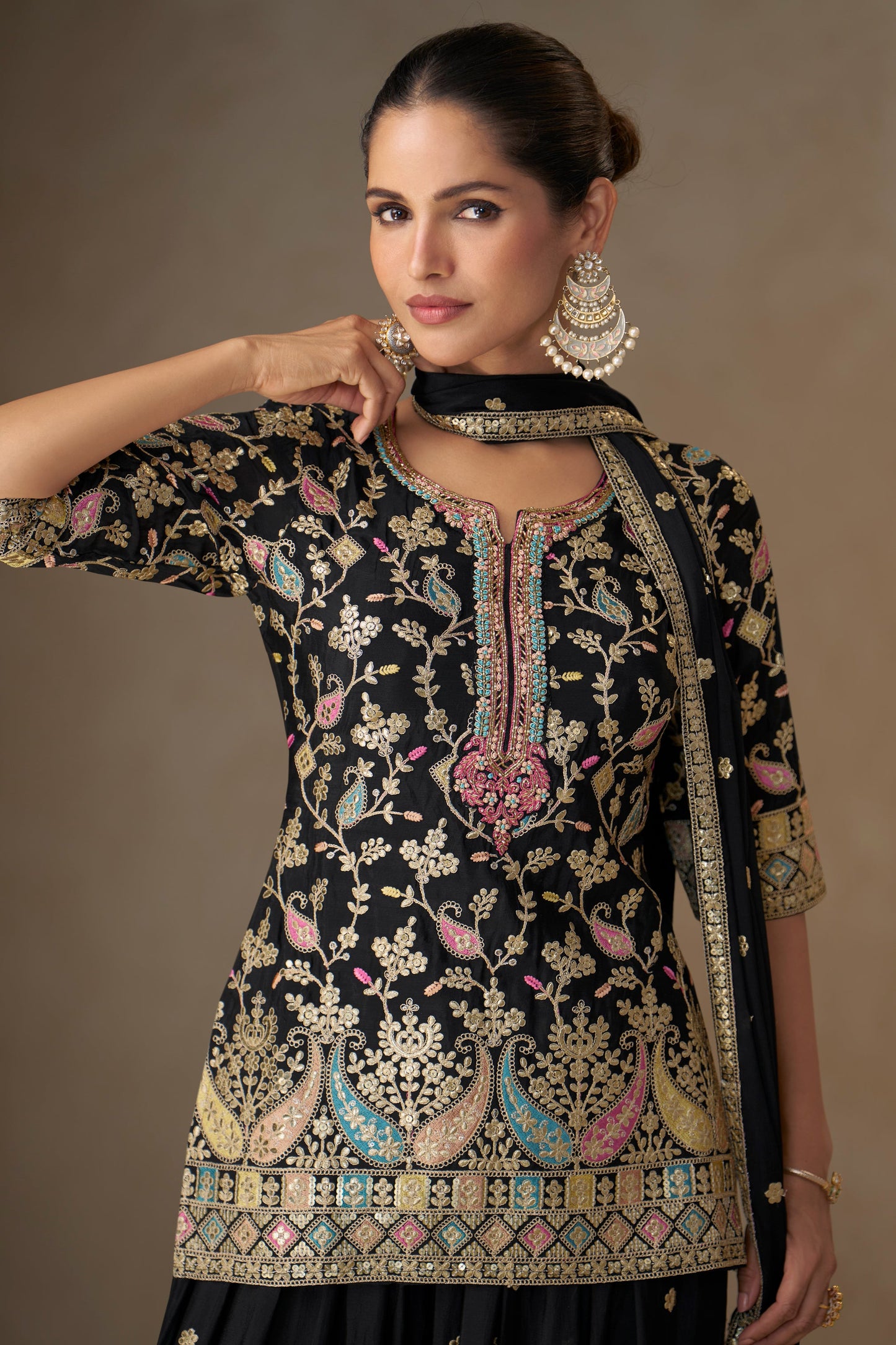 Black Readymade Embroidered Chinon Palazzo Suit-SS792_2_SareeButa.com