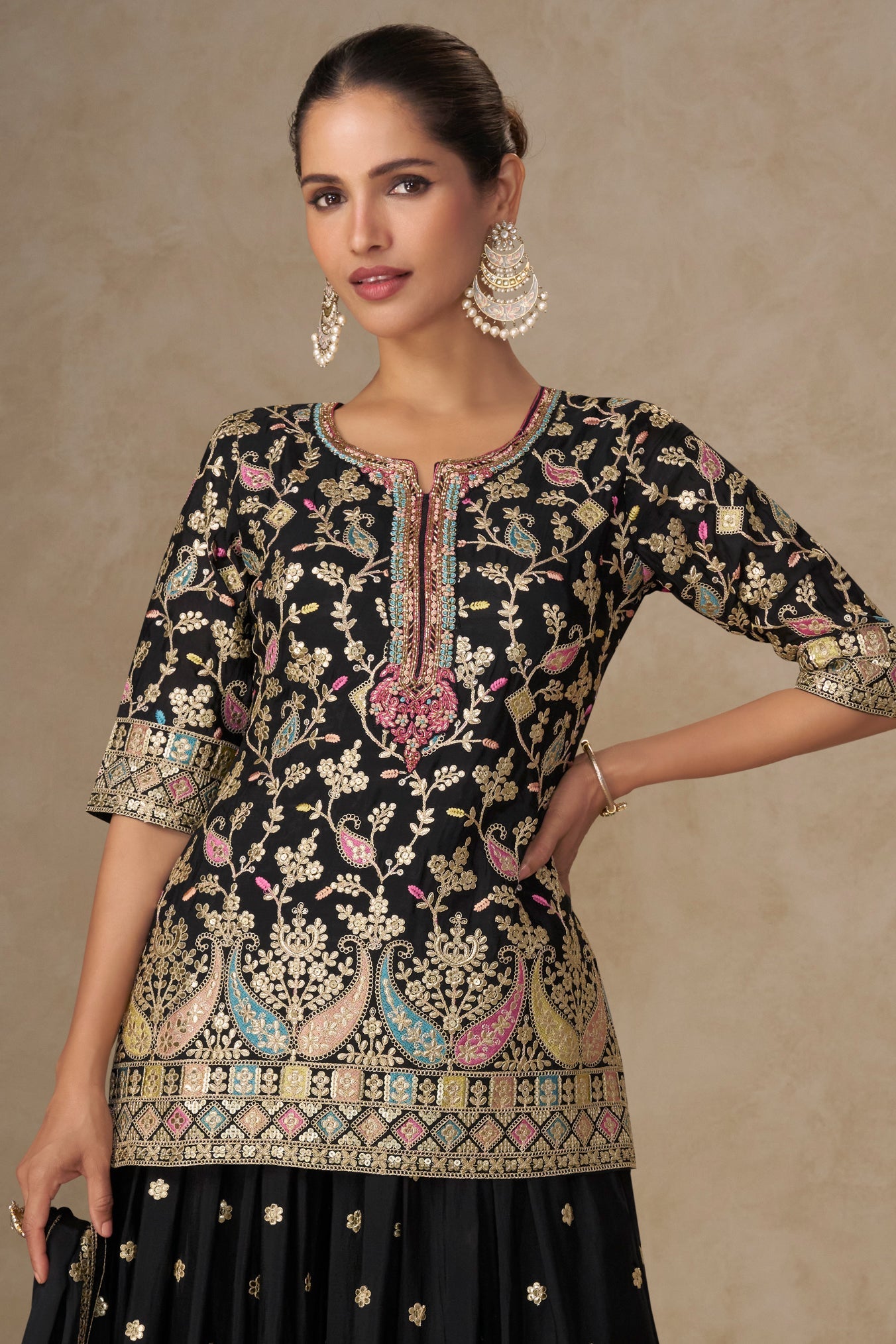 Black Readymade Embroidered Chinon Palazzo Suit-SS792_3_SareeButa.com