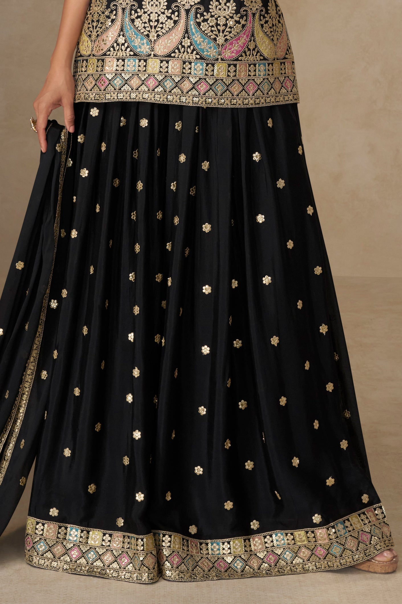 Black Readymade Embroidered Chinon Palazzo Suit-SS792_4_SareeButa.com