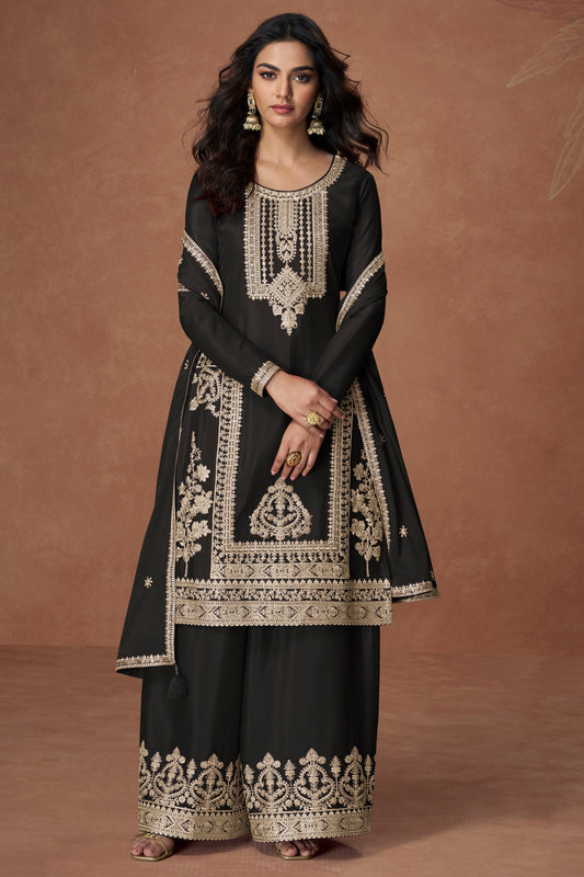 Black Readymade Embroidered Chinon Silk Palazzo Suit-SS366_1_SareeButa.com