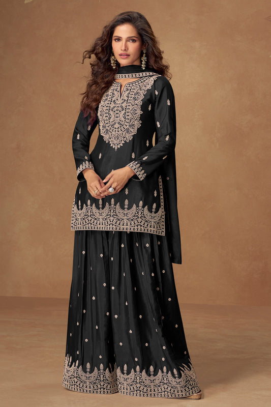 Black Readymade Embroidered Chinon Silk Suit-SAR10511_1_SareeButa.com