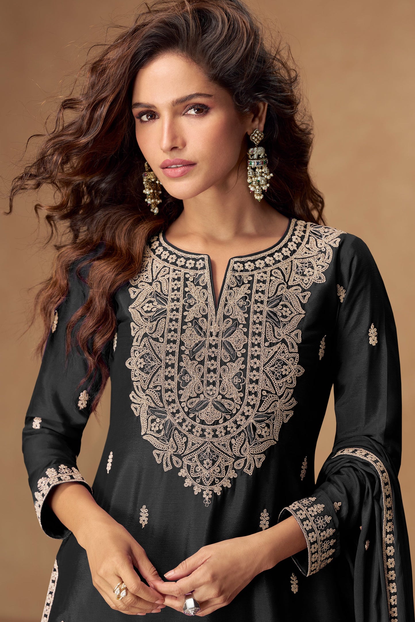 Black Readymade Embroidered Chinon Silk Suit-SAR10511_2_SareeButa.com