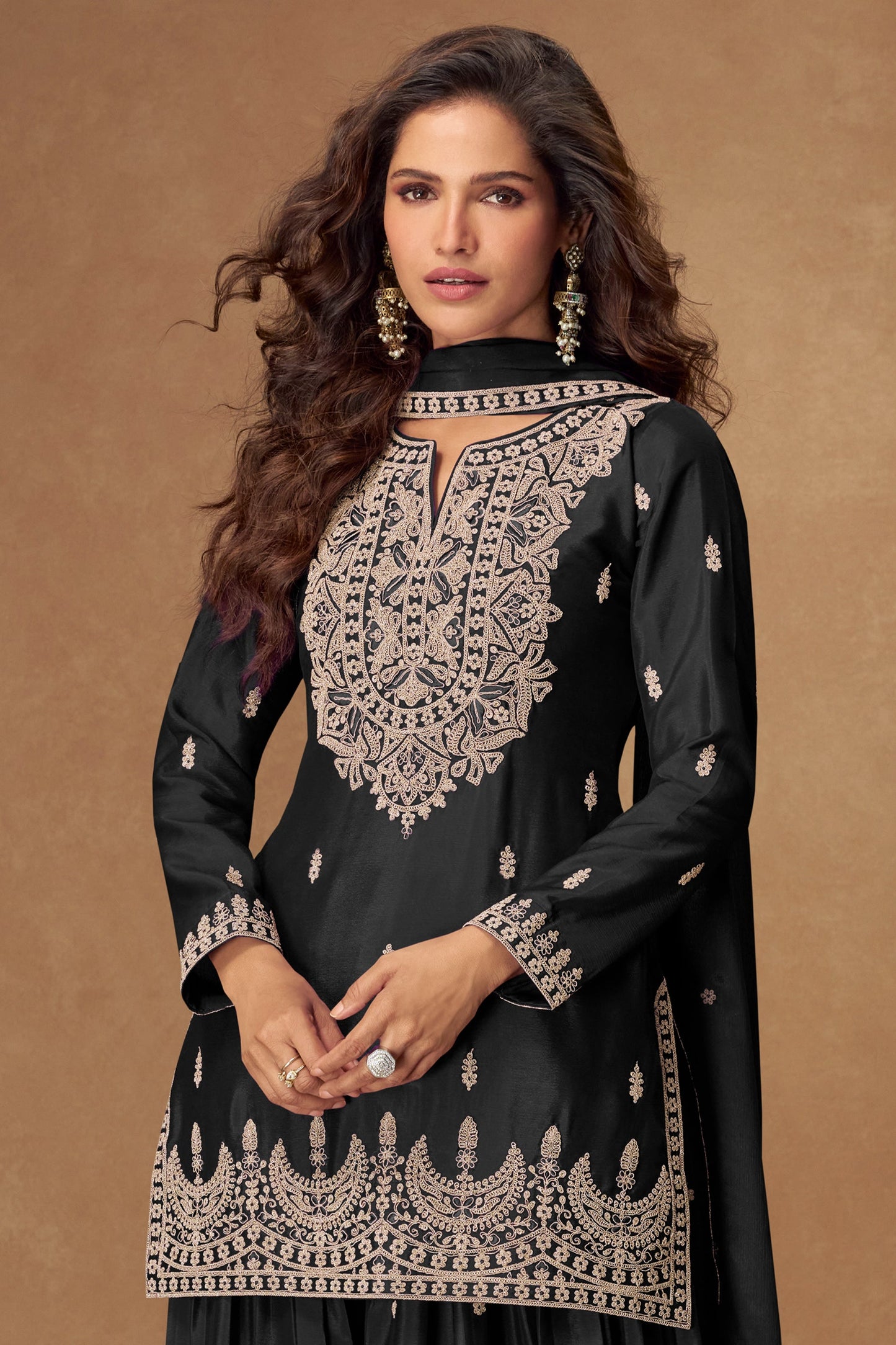 Black Readymade Embroidered Chinon Silk Suit-SAR10511_3_SareeButa.com