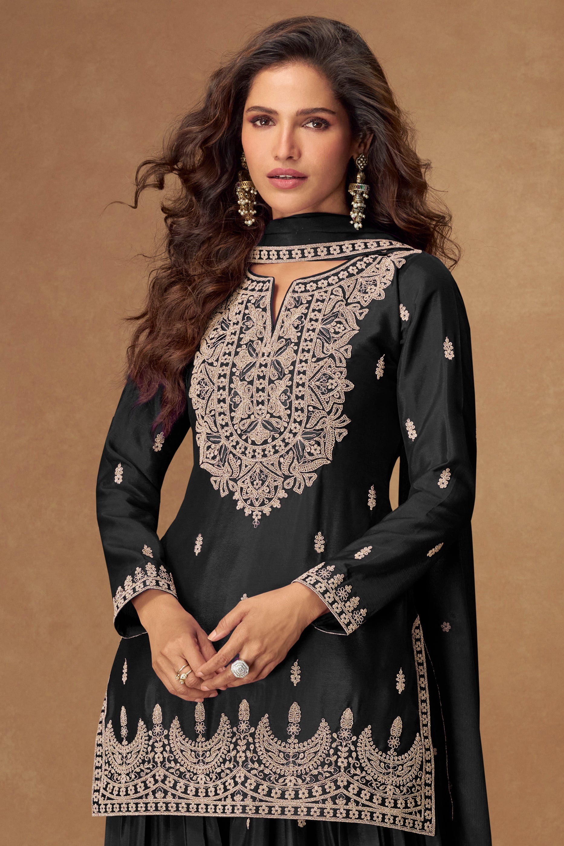 Black Readymade Embroidered Chinon Silk Suit-SAR10511_3_SareeButa.com