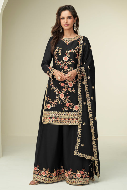 Black Readymade Embroidered Chinon Silk Suit-SAR10526_1_SareeButa.com