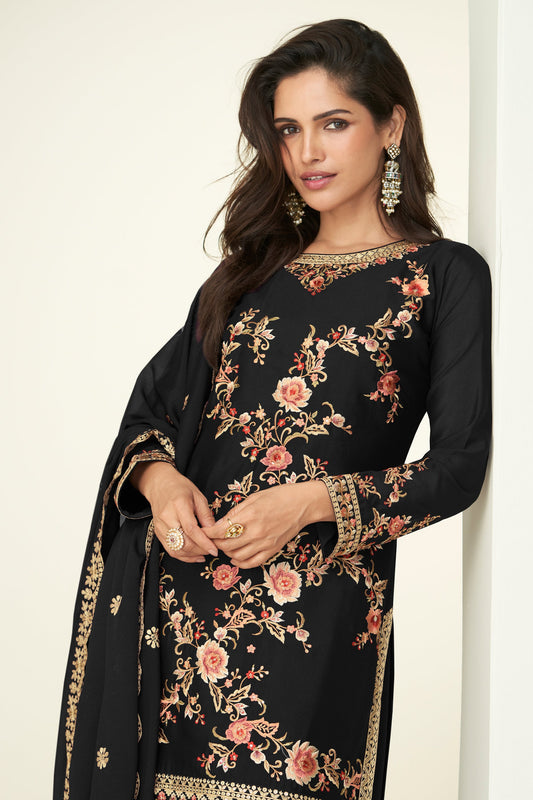 Black Readymade Embroidered Chinon Silk Suit-SAR10526_2_SareeButa.com