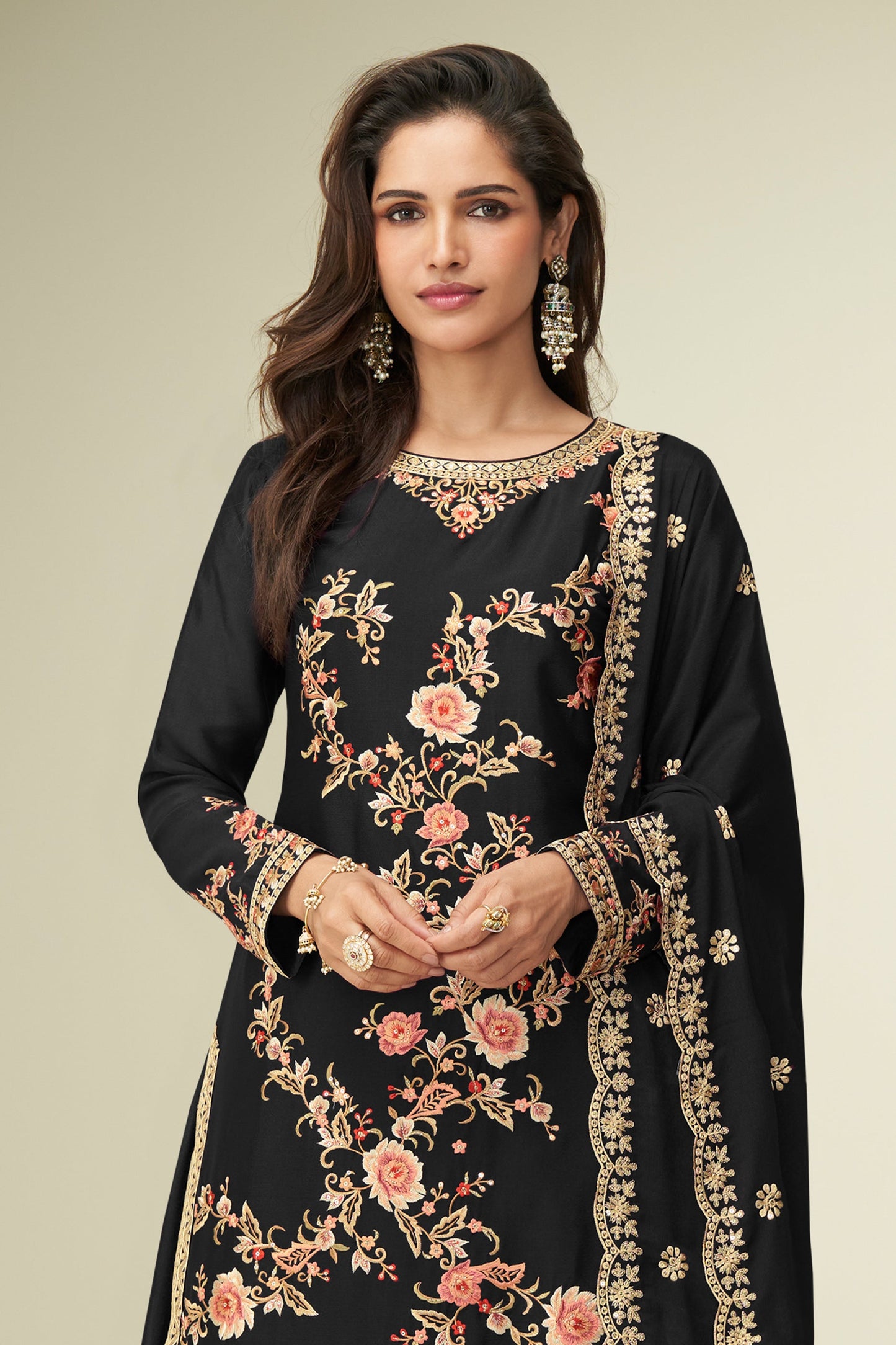 Black Readymade Embroidered Chinon Silk Suit-SAR10526_3_SareeButa.com