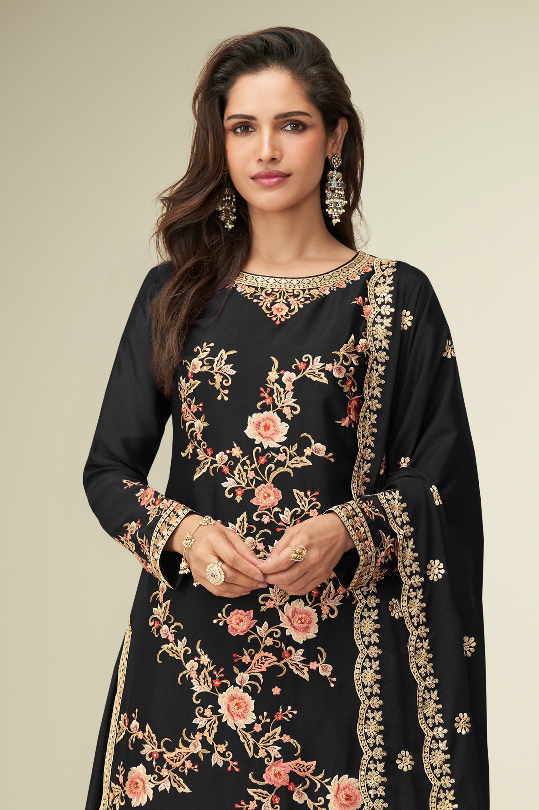 Black Readymade Embroidered Chinon Silk Suit-SAR10526_3_SareeButa.com