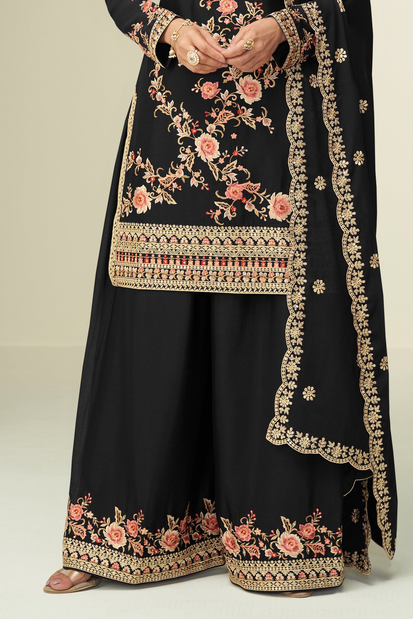 Black Readymade Embroidered Chinon Silk Suit-SAR10526_4_SareeButa.com