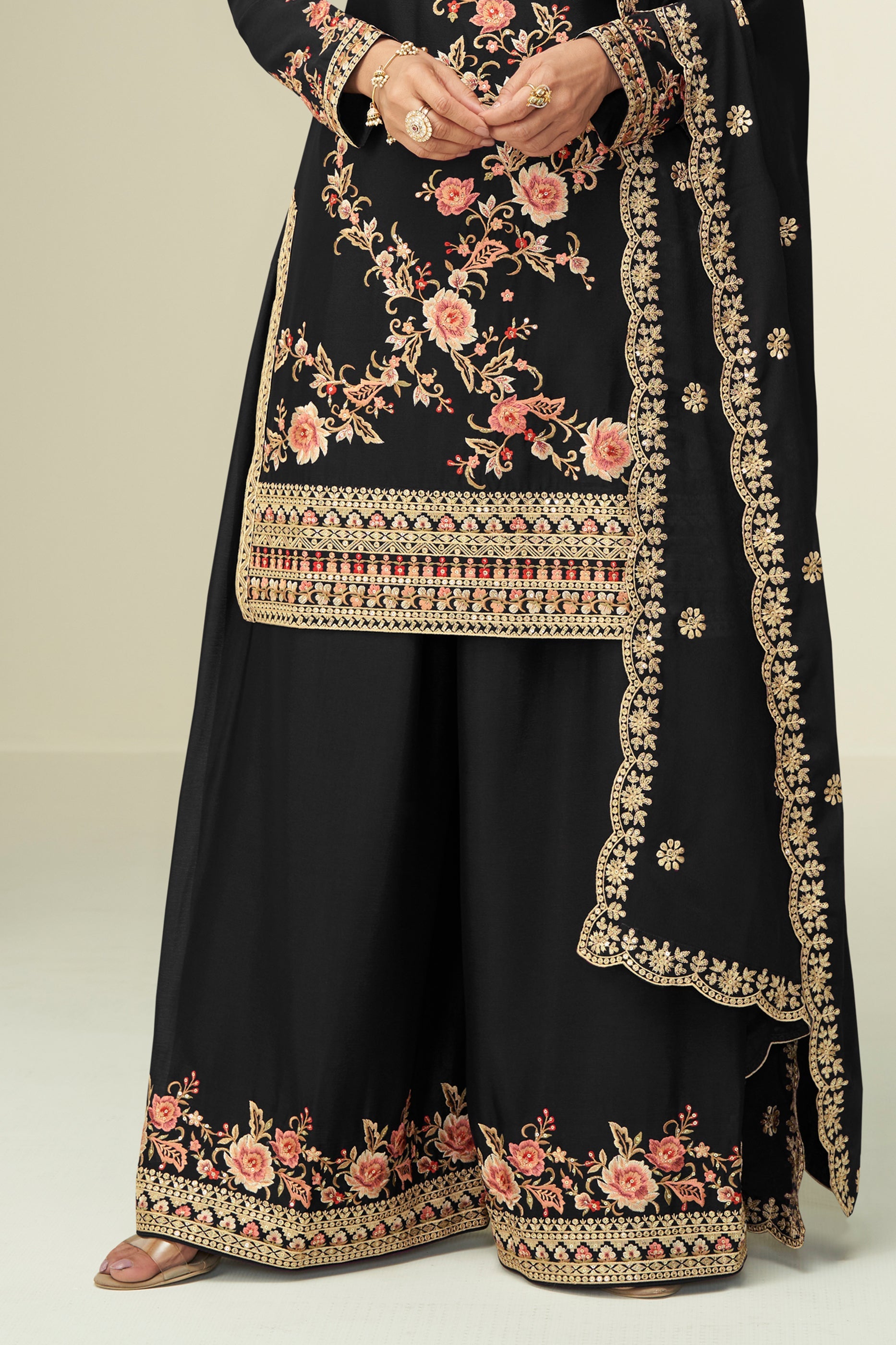 Black Readymade Embroidered Chinon Silk Suit-SAR10526_4_SareeButa.com