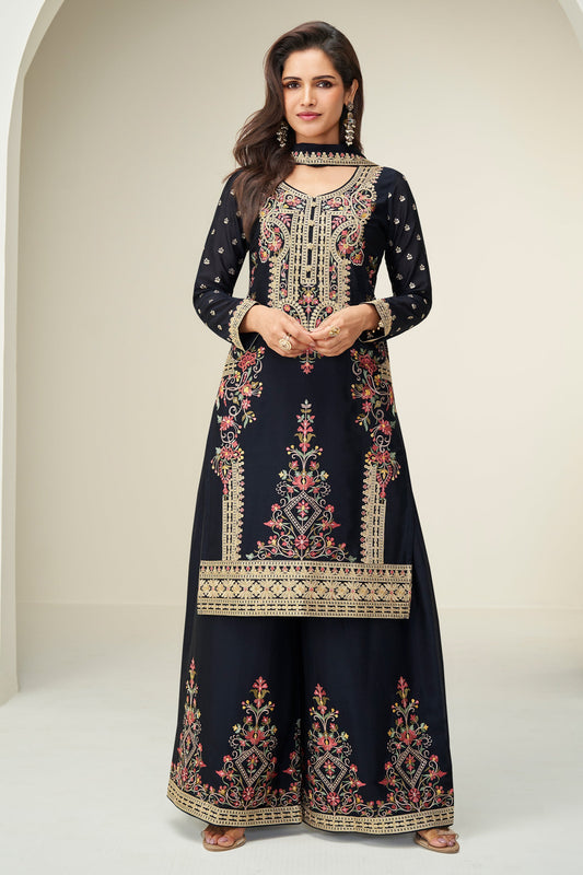 Black Readymade Embroidered Chinon Silk Suit-SAR10653_1_SareeButa.com