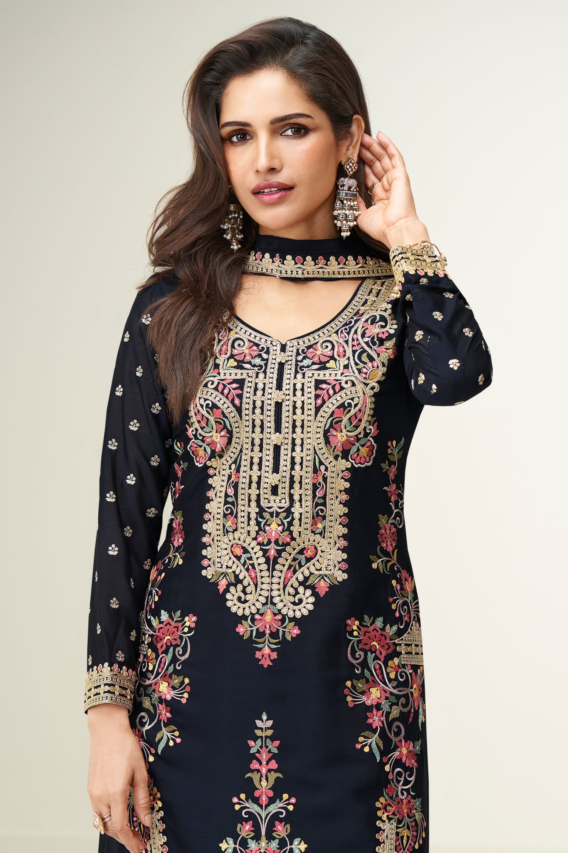 Black Readymade Embroidered Chinon Silk Suit-SAR10653_2_SareeButa.com
