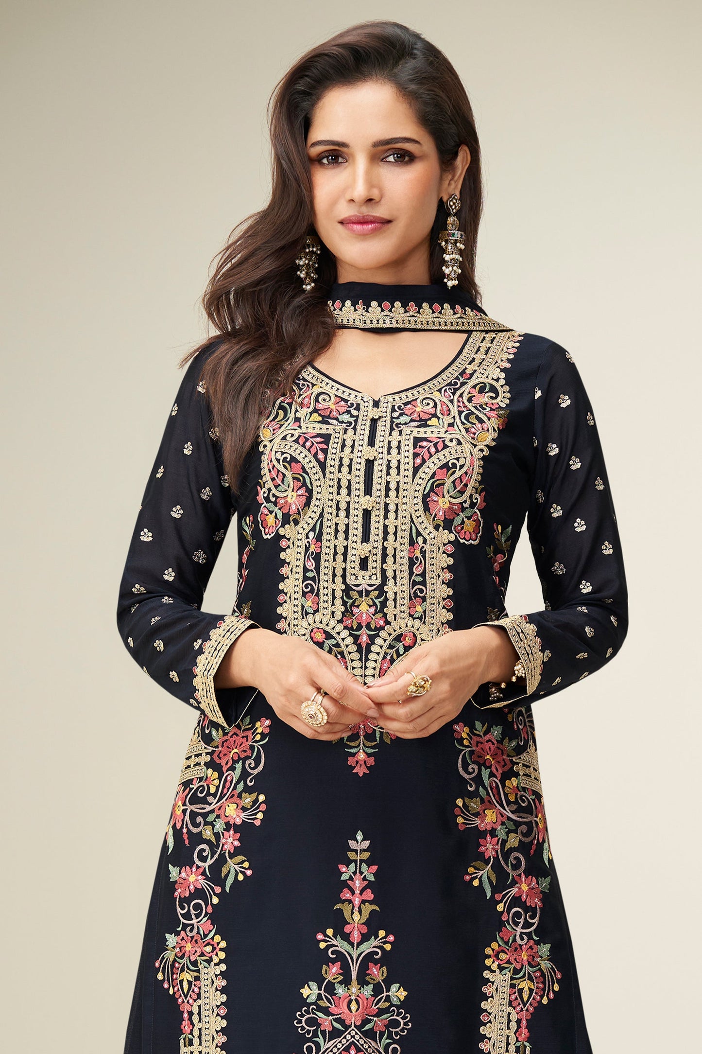 Black Readymade Embroidered Chinon Silk Suit-SAR10653_3_SareeButa.com