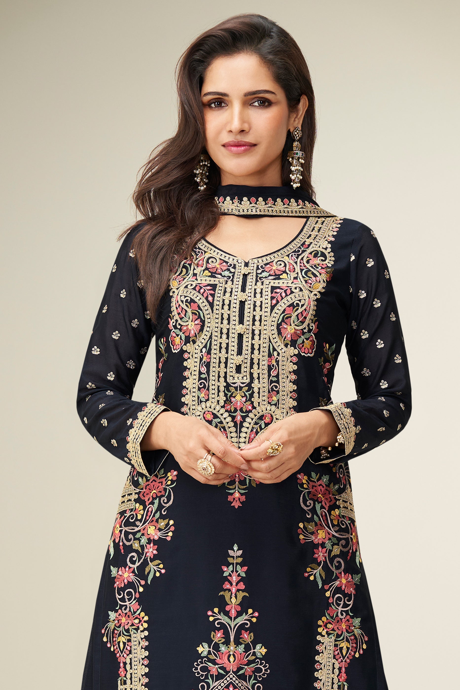 Black Readymade Embroidered Chinon Silk Suit-SAR10653_3_SareeButa.com