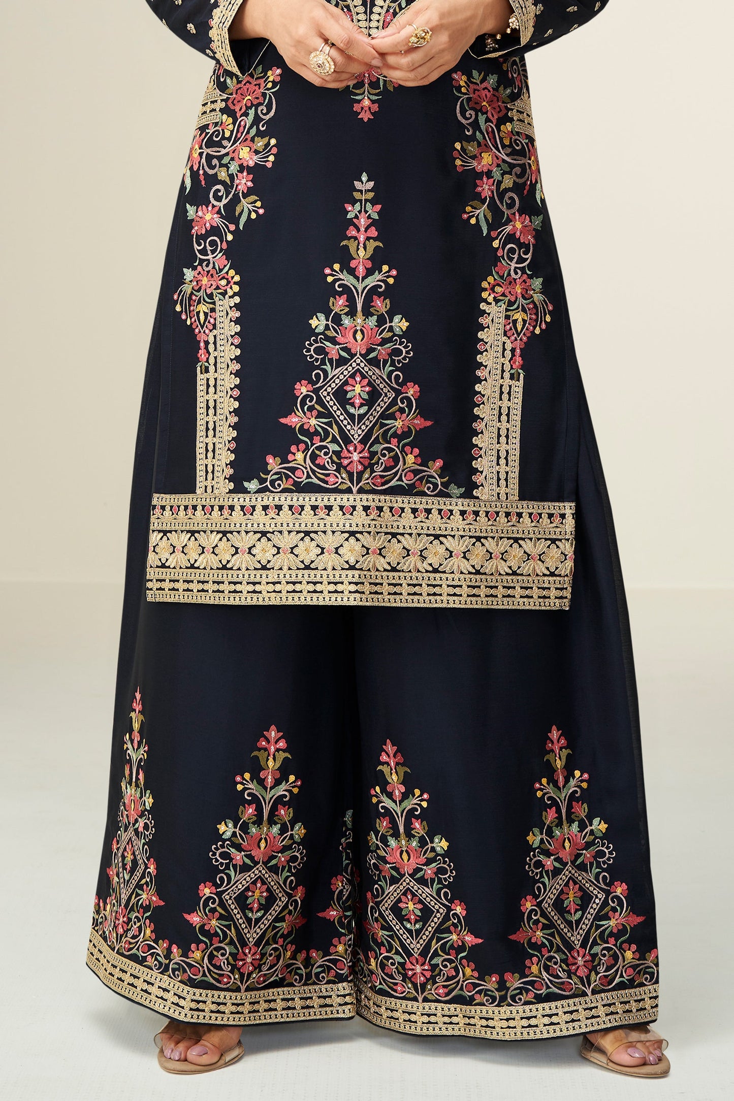 Black Readymade Embroidered Chinon Silk Suit-SAR10653_4_SareeButa.com